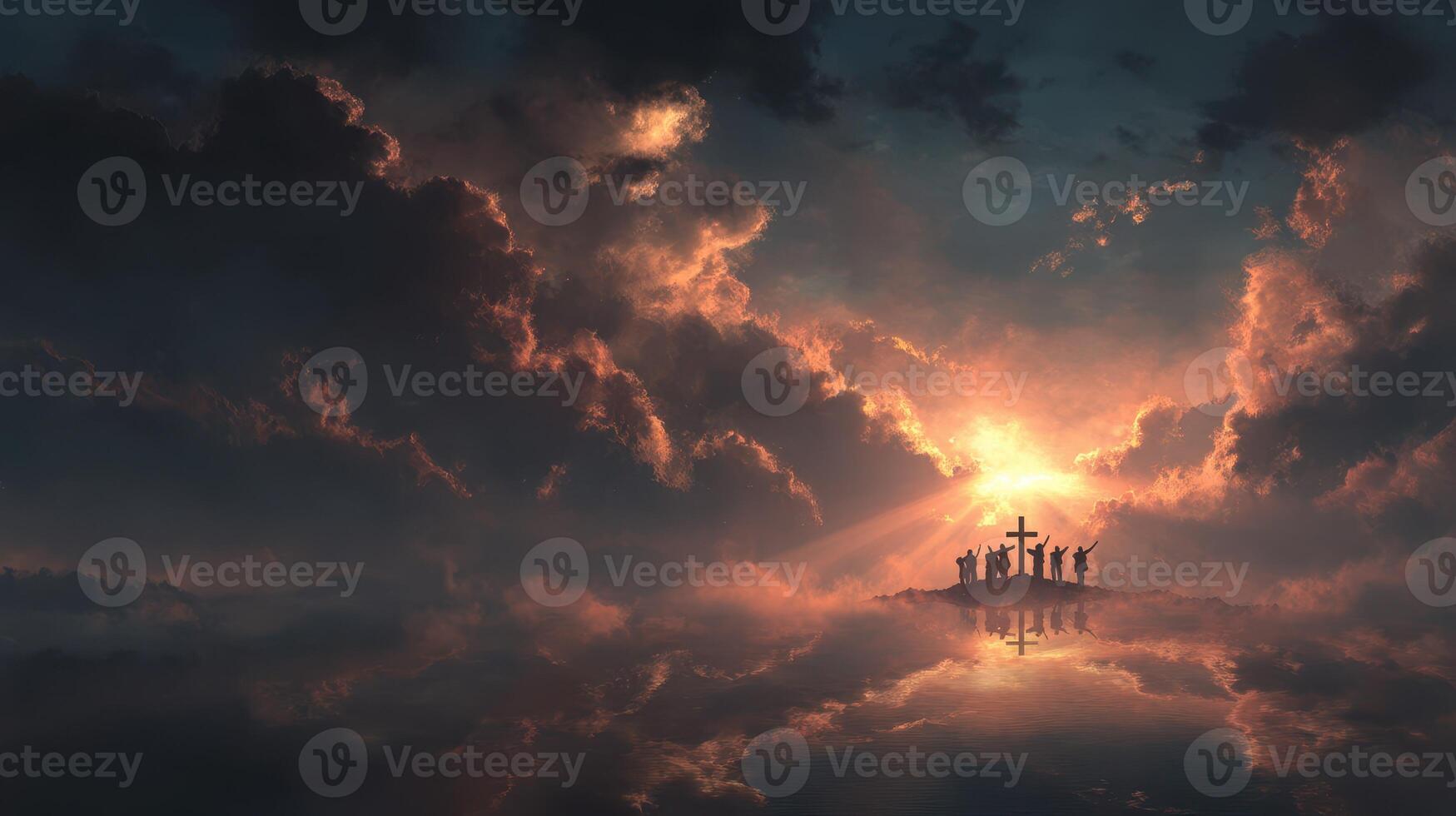 Spiritual gathering at sunset with silhouettes against a dramatic cloudscape photo