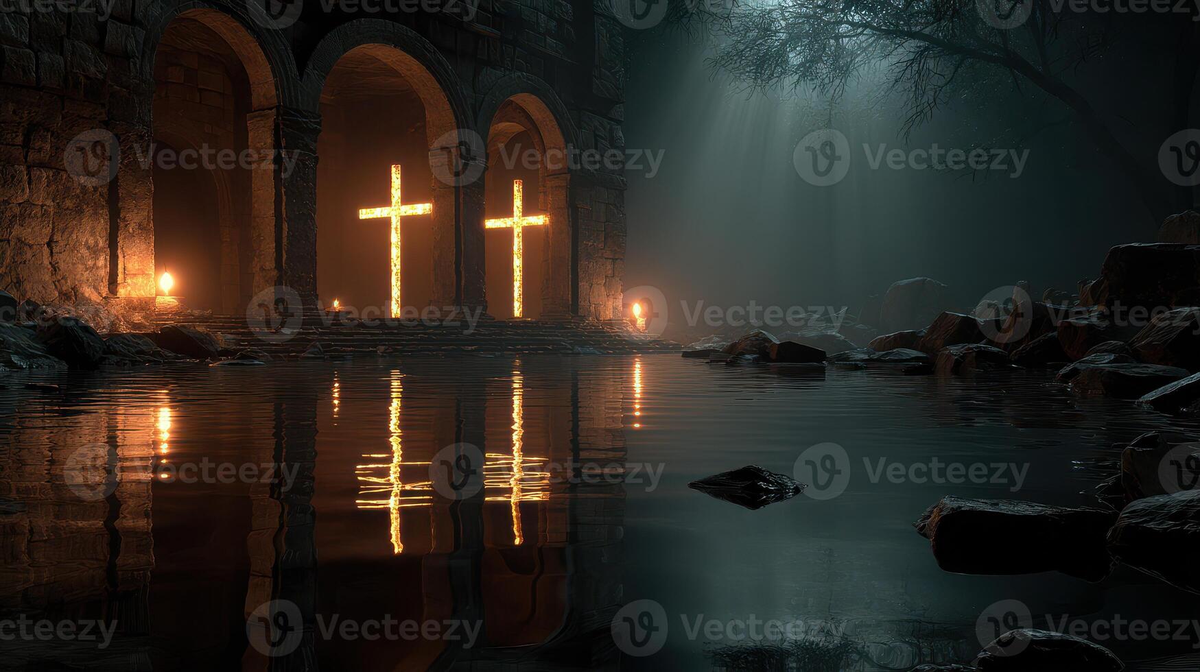 Glowing crosses illuminate a dark, serene location surrounded by water and ancient stone architecture at dusk photo