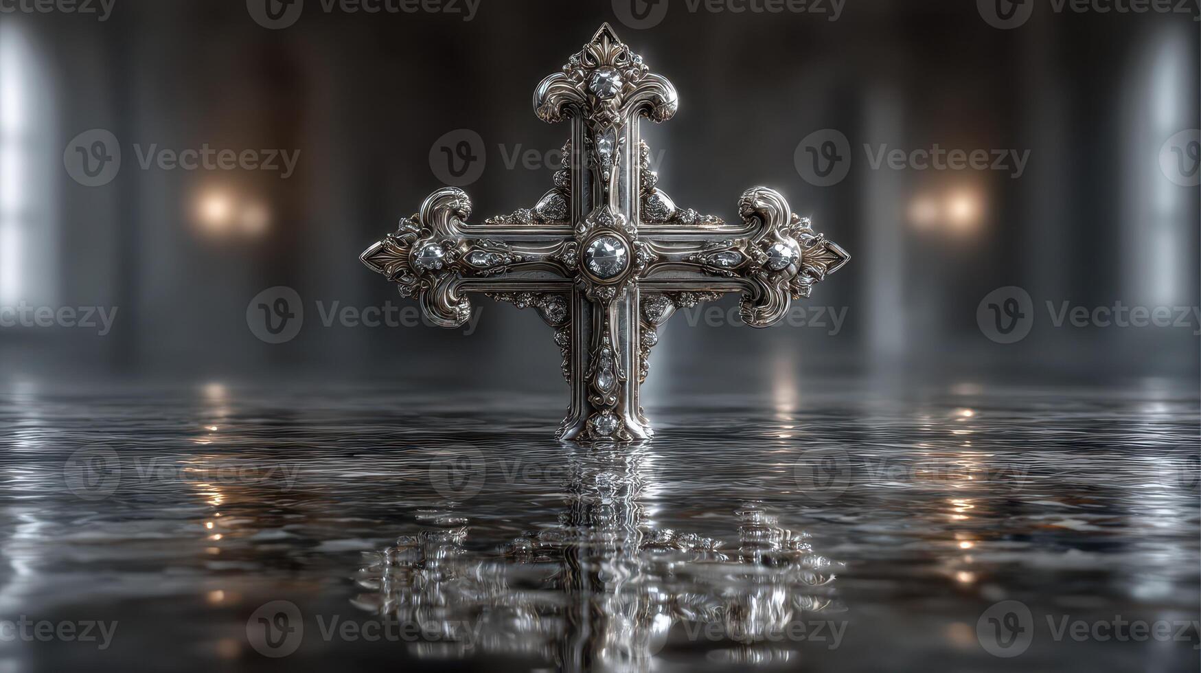 Ornate silver cross standing in reflective water with a moody background of soft light and shadow photo