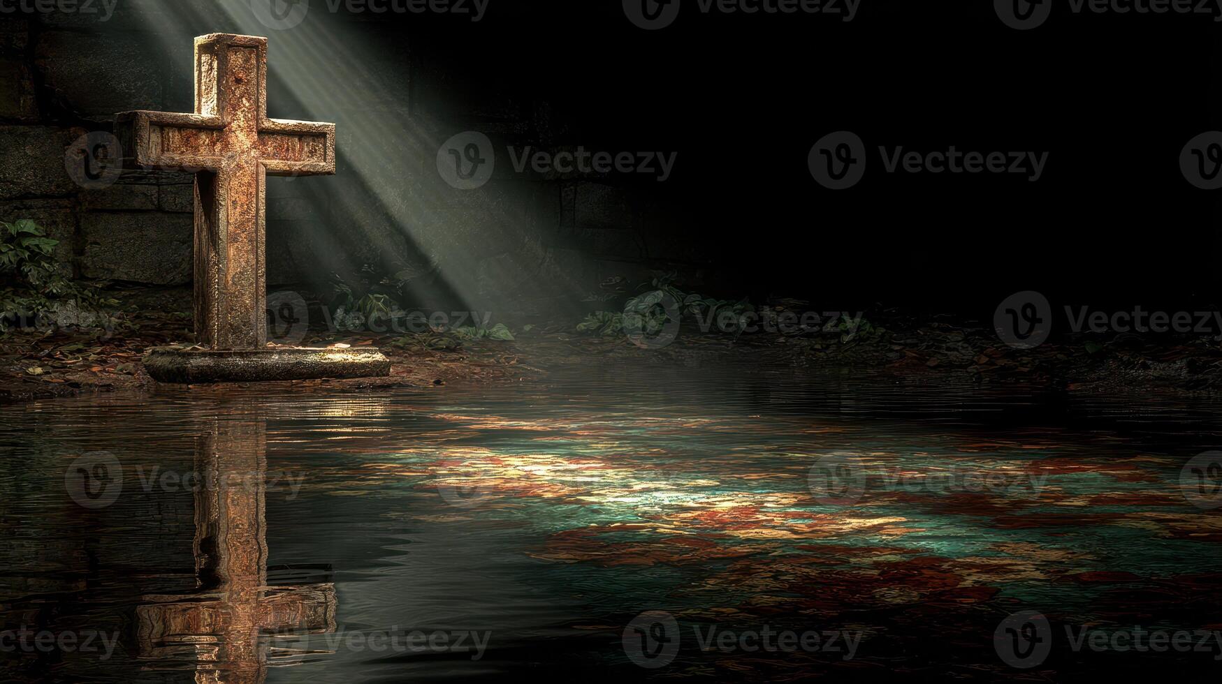 Mysterious cross in dark cavern with light reflecting on water surface photo