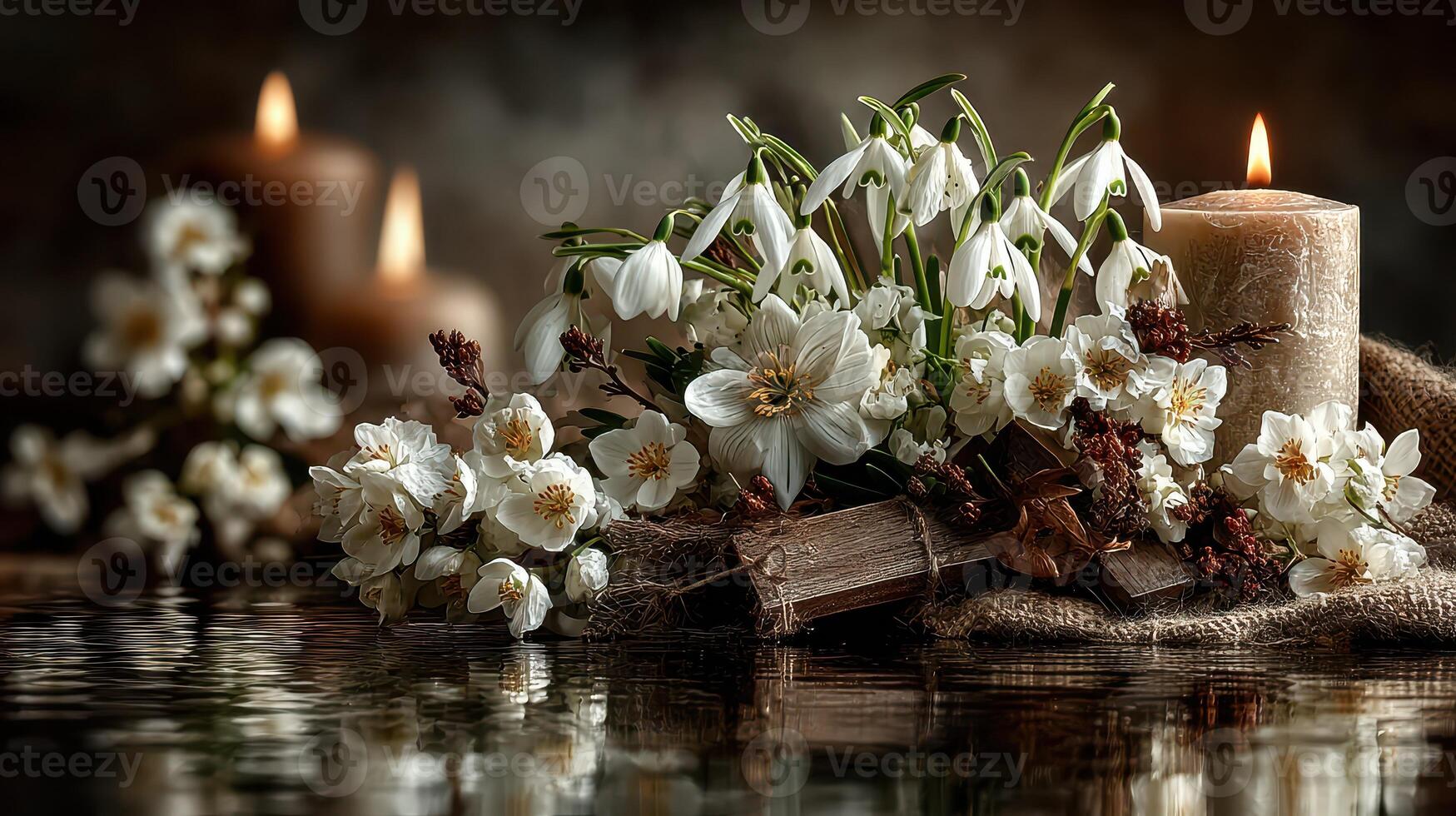 Beautiful arrangement of white spring flowers with candles in a serene setting by a reflective surface photo