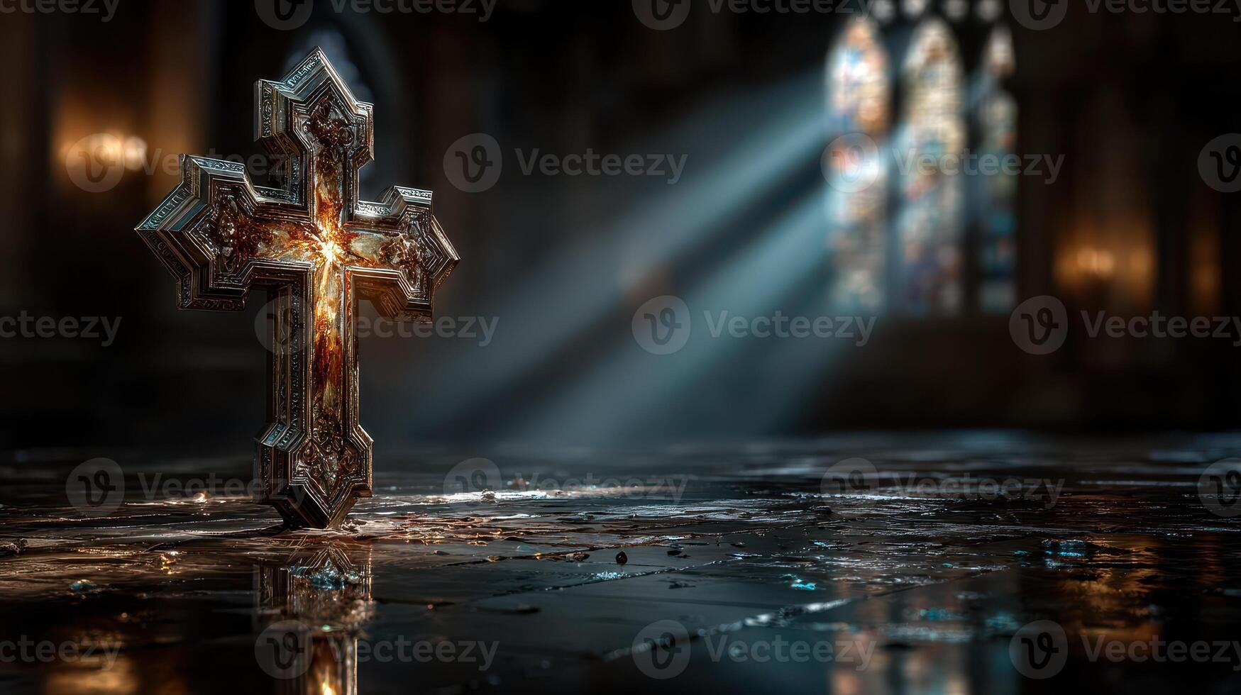 Cross illuminated by sunlight in an ancient, gothic-style church interior photo