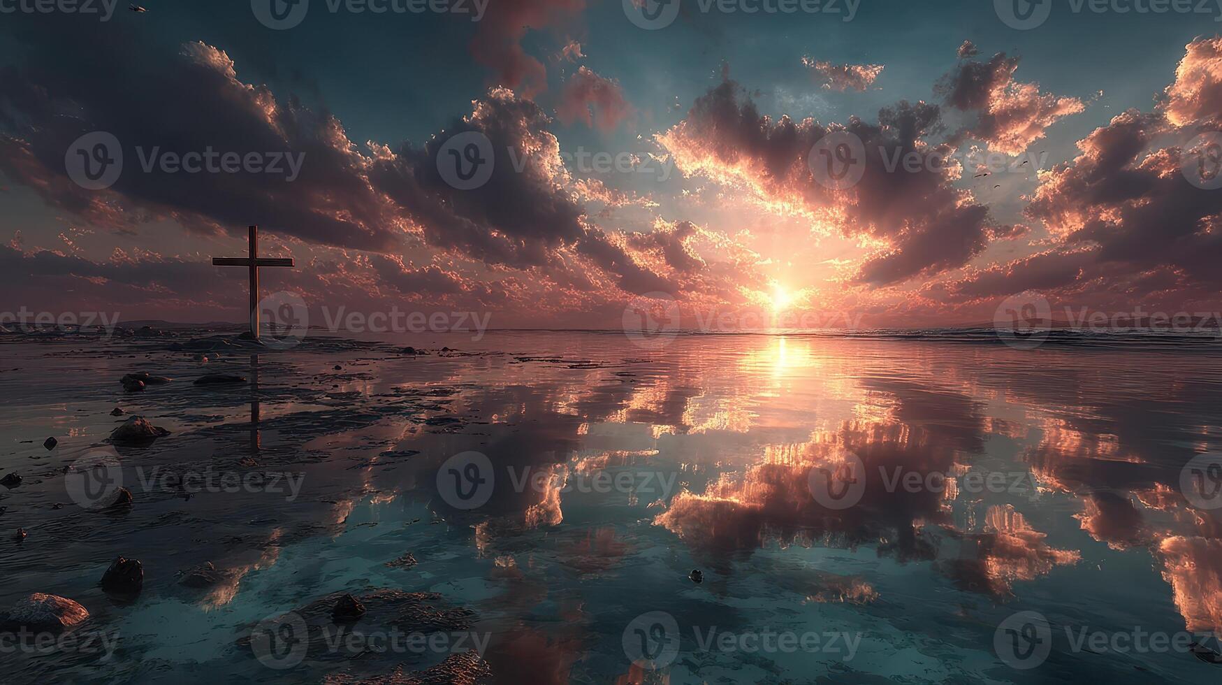 Beautiful sunset over calm ocean waters with reflecting clouds and a cross in the foreground photo