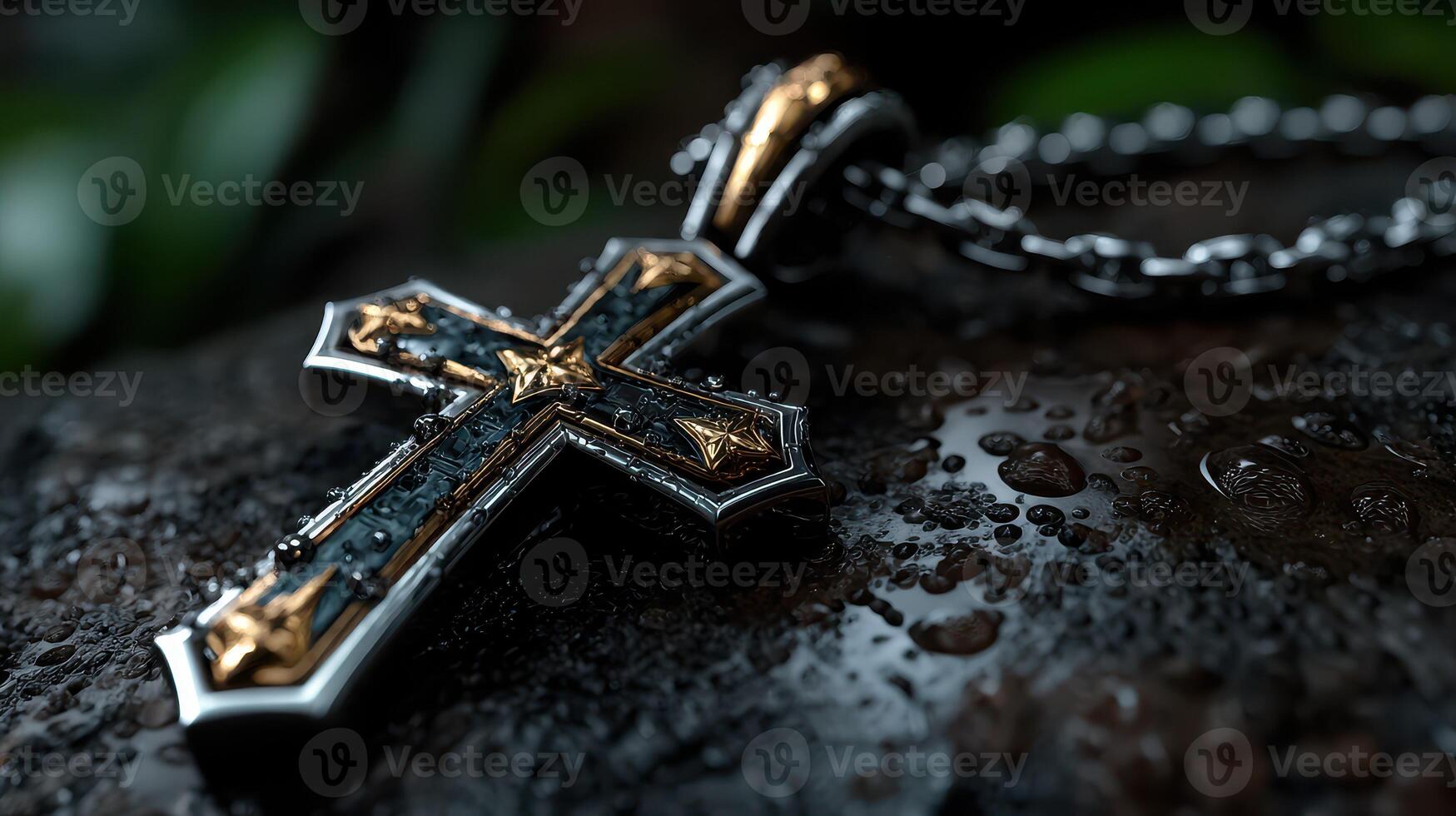 Exquisite close-up of an ornate cross pendant resting on a wet surface with lush greenery in the background photo