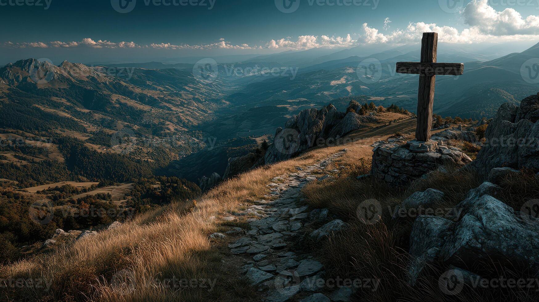 Scenic mountain view with cross overlooking valley at sunset in serene landscape photo