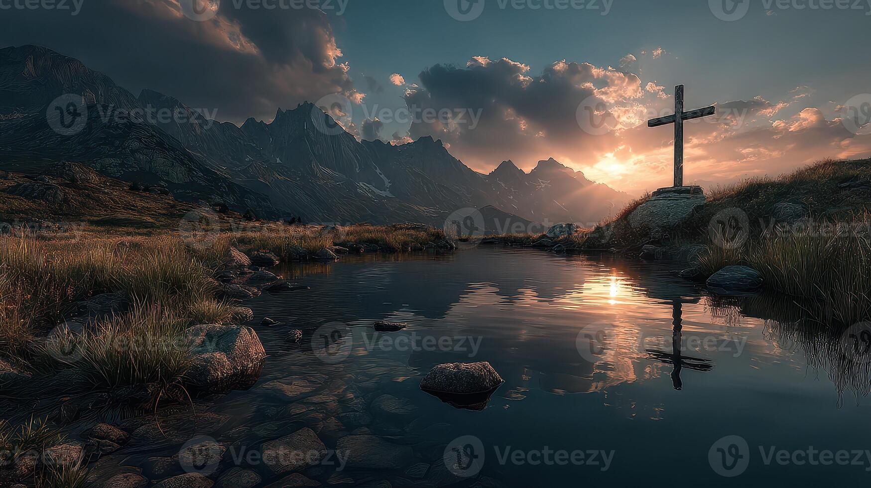 Majestic sunset over mountains with a cross by a tranquil pond reflecting the sky photo