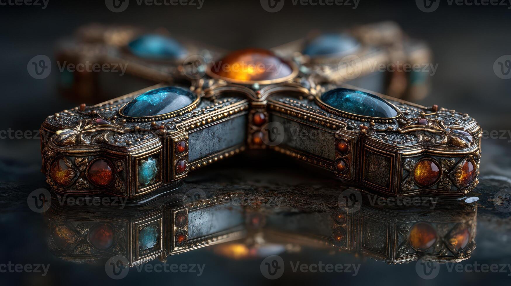 Intricate antique cross with colorful gemstones resting on a reflective surface in a dimly lit setting photo
