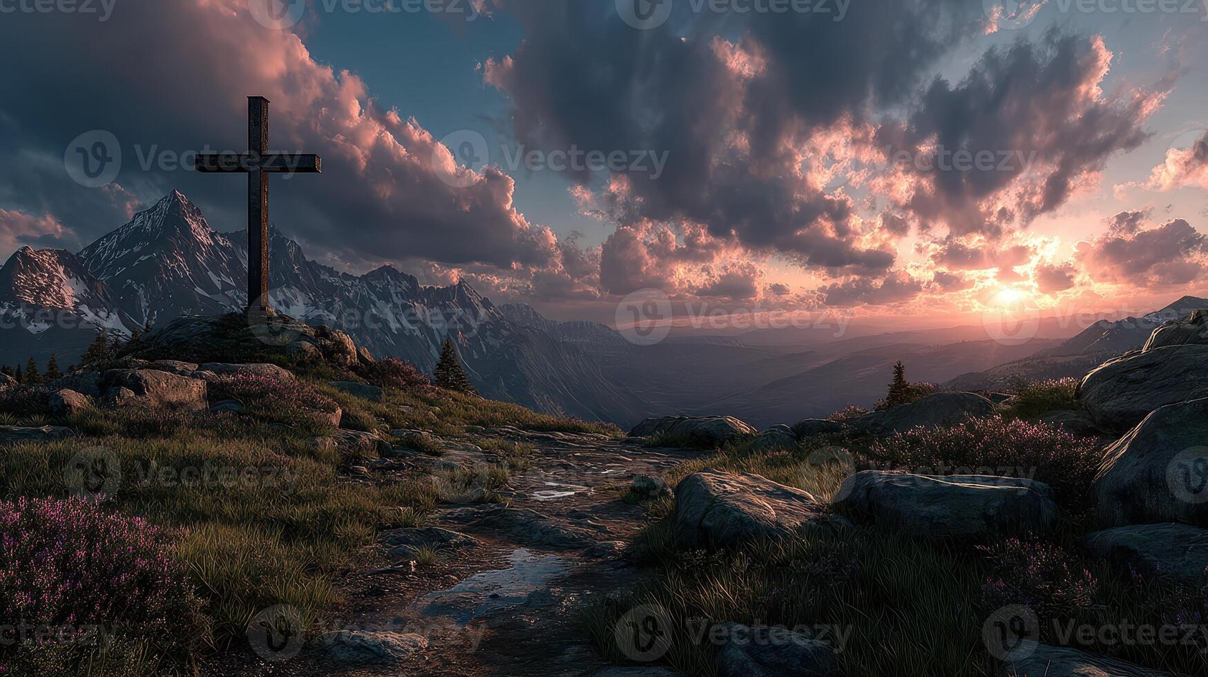 Sunset view of a cross overlooking mountains and valleys in a tranquil landscape photo