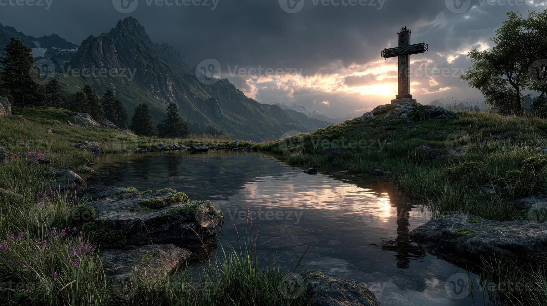 Sunset reflection over a serene mountain pond with a cross in a tranquil landscape photo