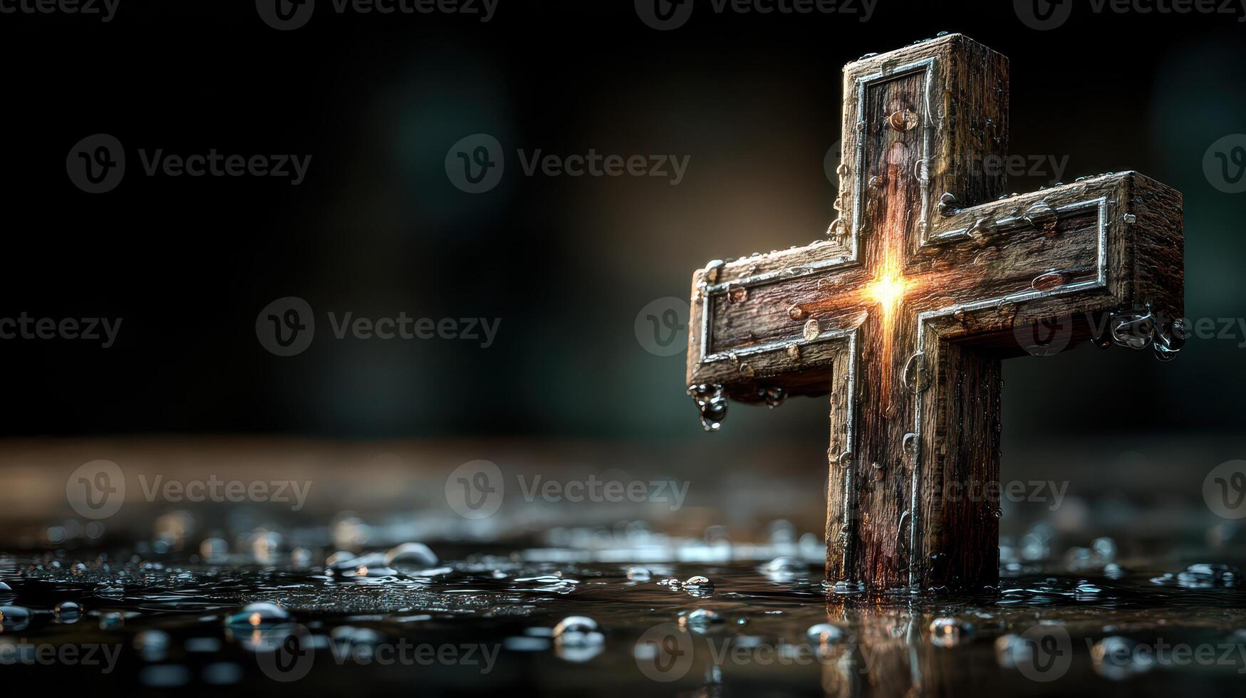 Wooden cross illuminated by a soft glow while resting on wet surface surrounded by droplets at dusk photo