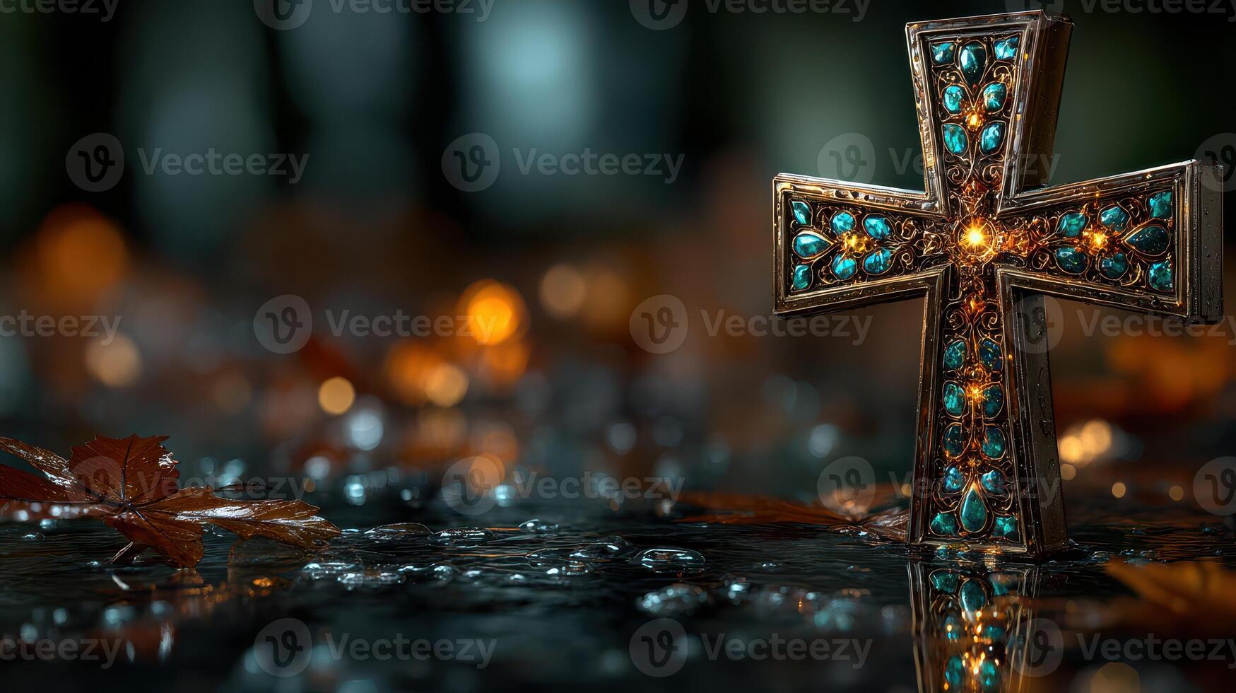 Unique decorative cross surrounded by autumn leaves and soft lighting creates a tranquil atmosphere photo