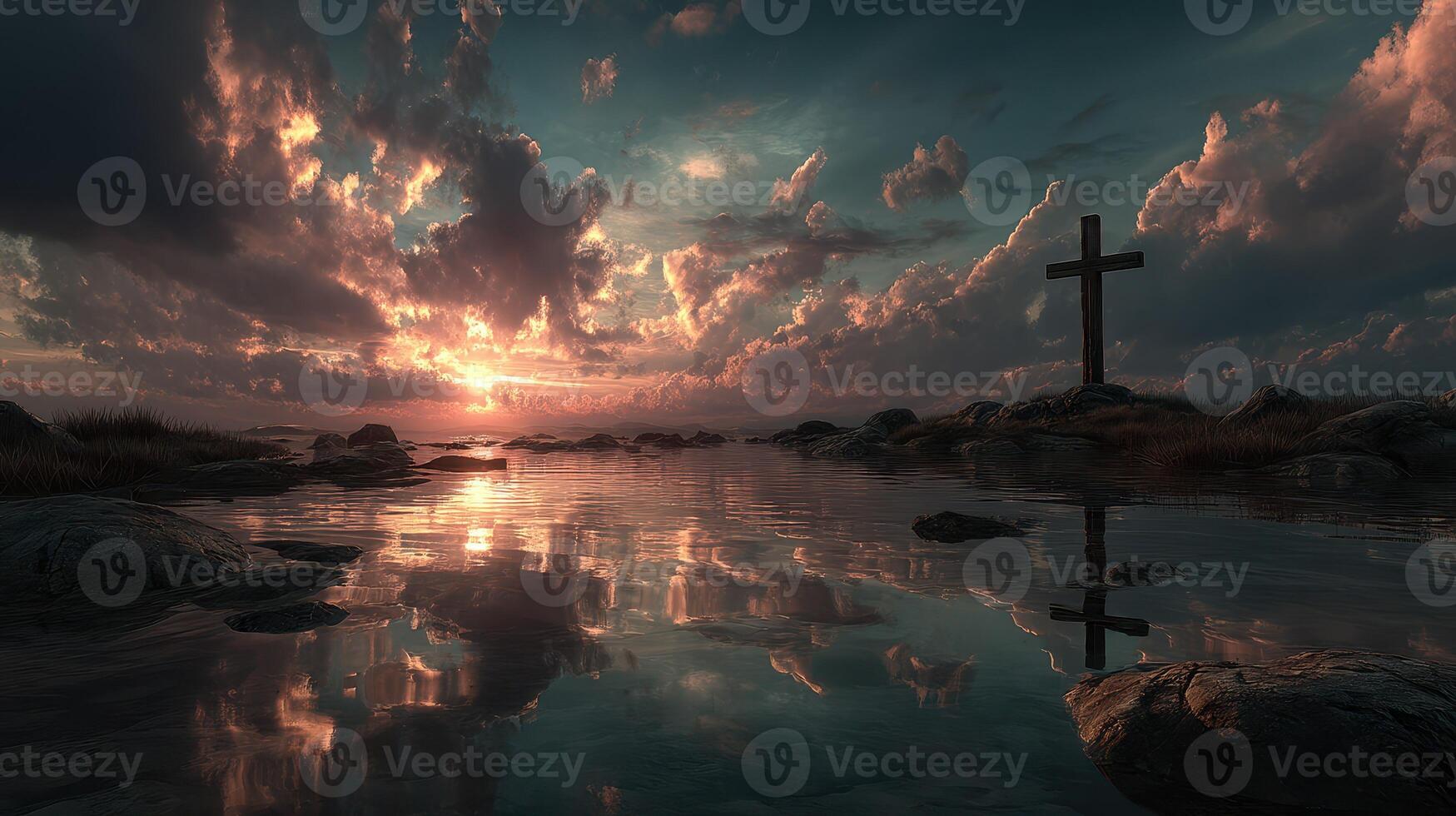 Sunrise reflections by the water with a cross in the foreground and dramatic clouds in the background photo