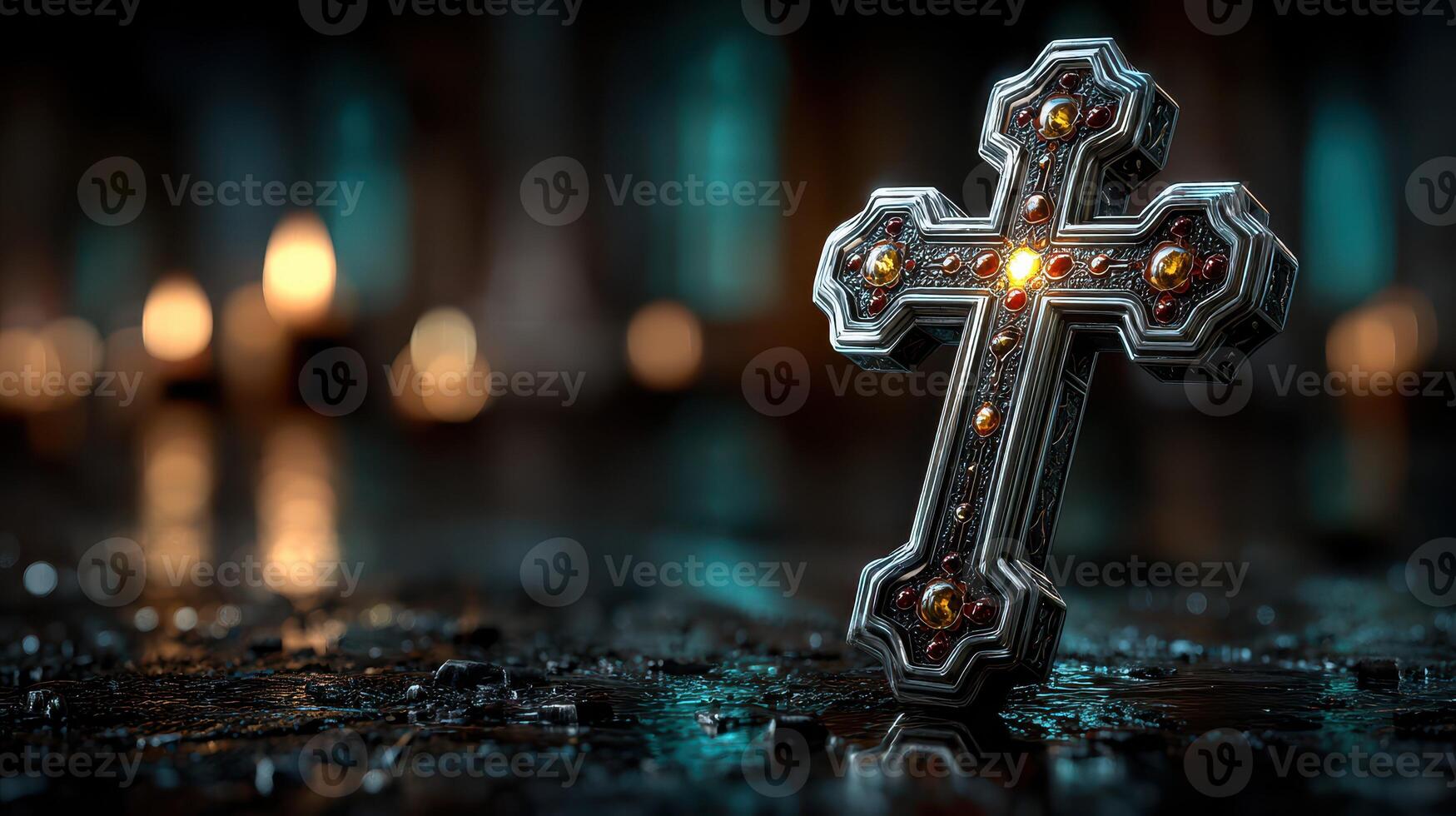 Intricate silver cross illuminated in a darkened space with glowing candles at dusk photo