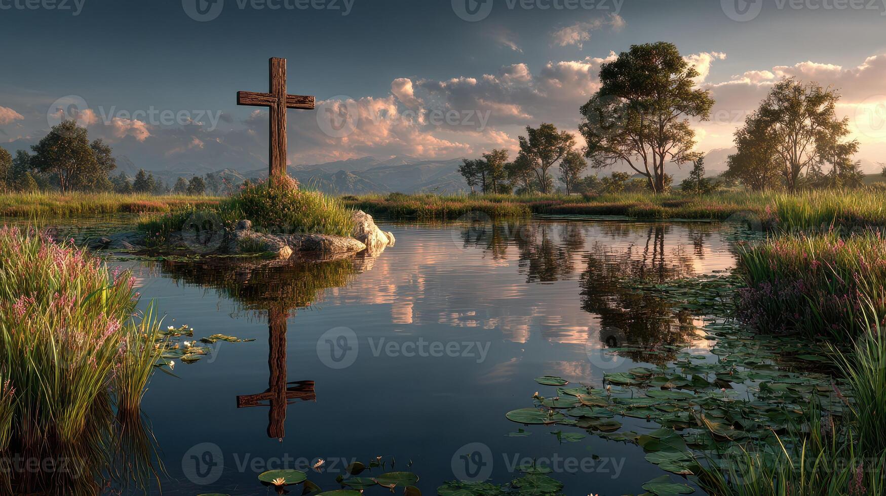 Reflection of a wooden cross in a serene lake surrounded by lush greenery at sunset in a tranquil landscape photo