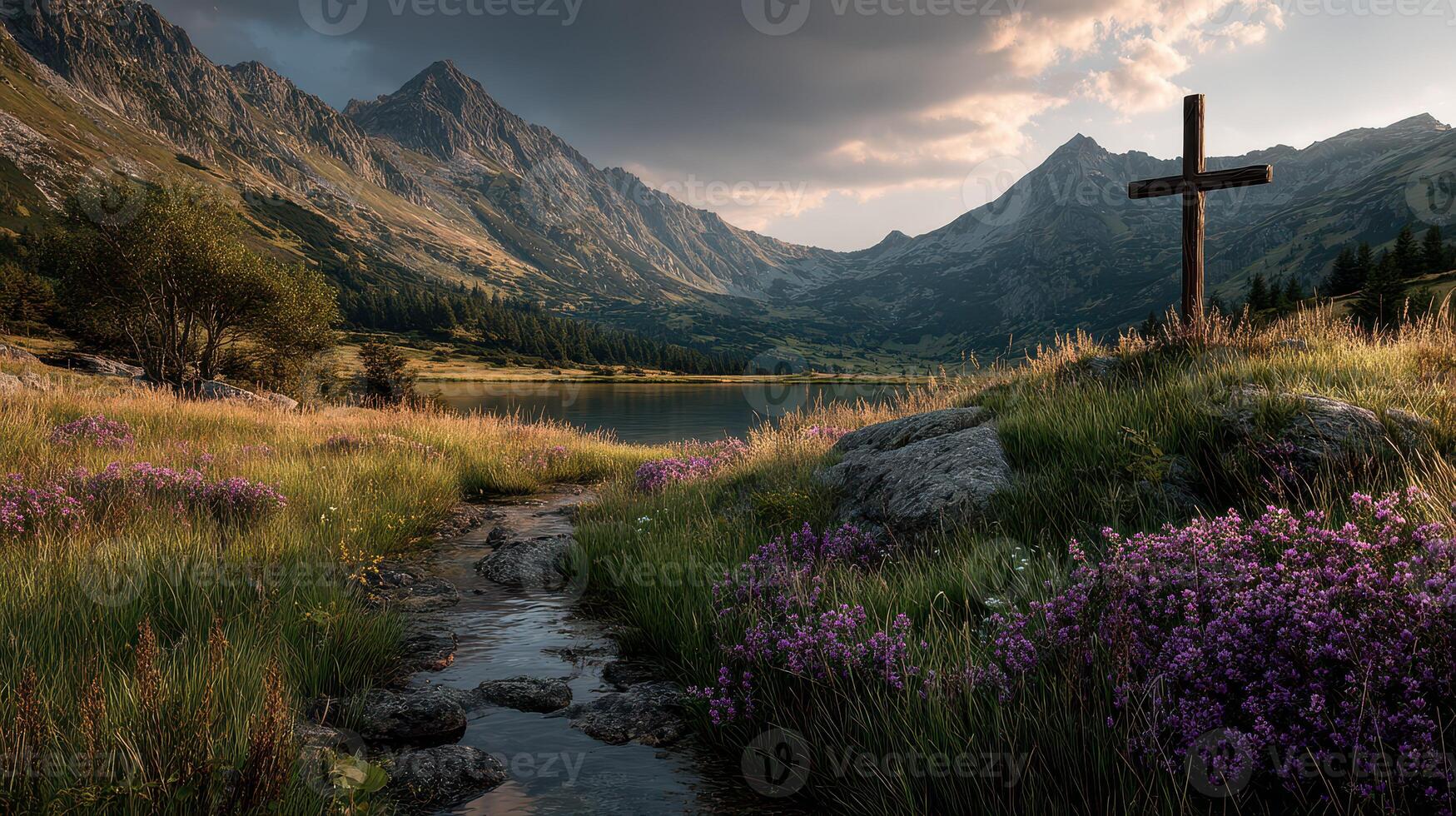 Serene lakeside landscape with mountains, flowers, and a wooden cross at sunset photo