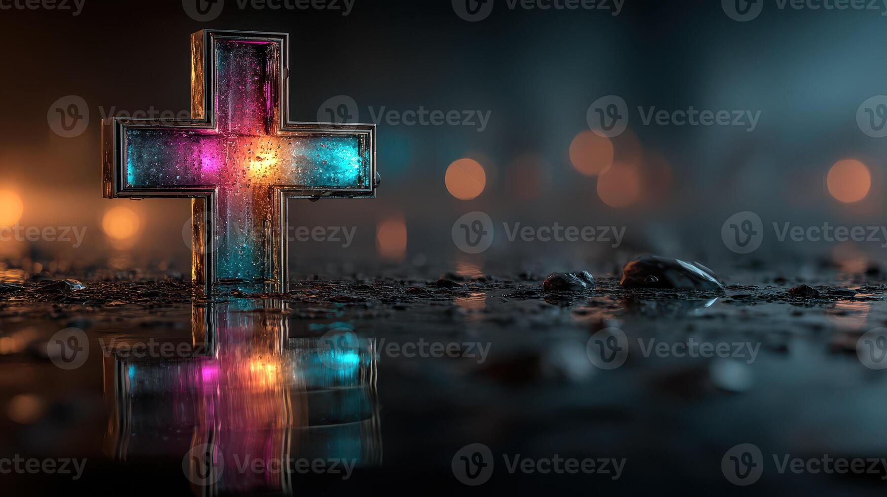 Colorful cross illuminated amidst raindrops with blurred lights in the background at night photo