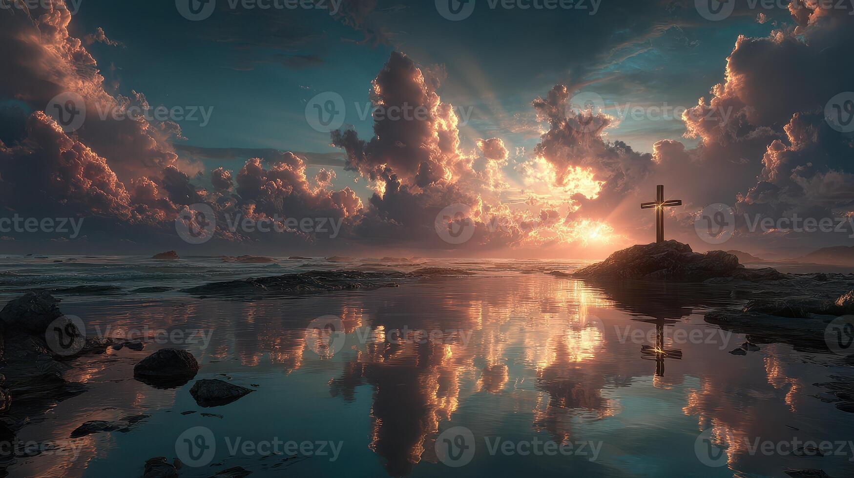 Sunset reflecting on calm waters with a cross on a rocky shore near the ocean photo