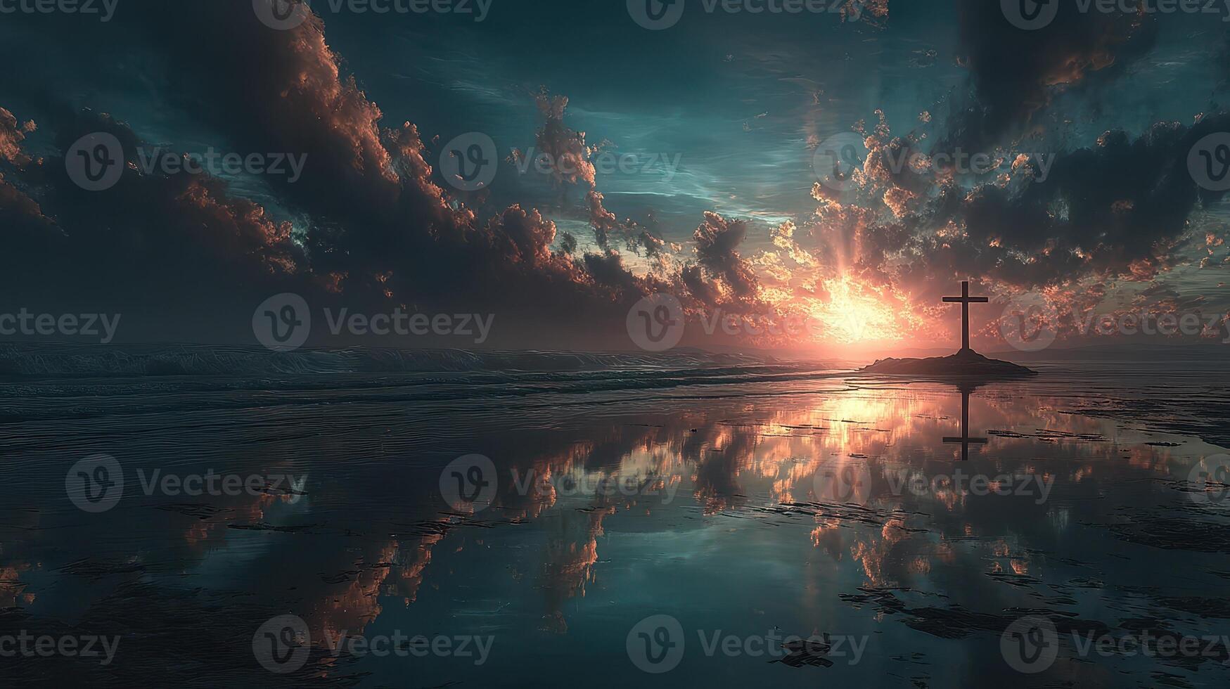 Sunset over the ocean with a cross on a rocky shore reflecting vibrant colors at dawn photo