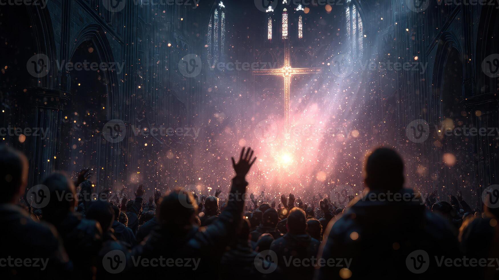 Crowd gathers in a cathedral for a spiritual service featuring a prominent cross illuminated by soft light photo