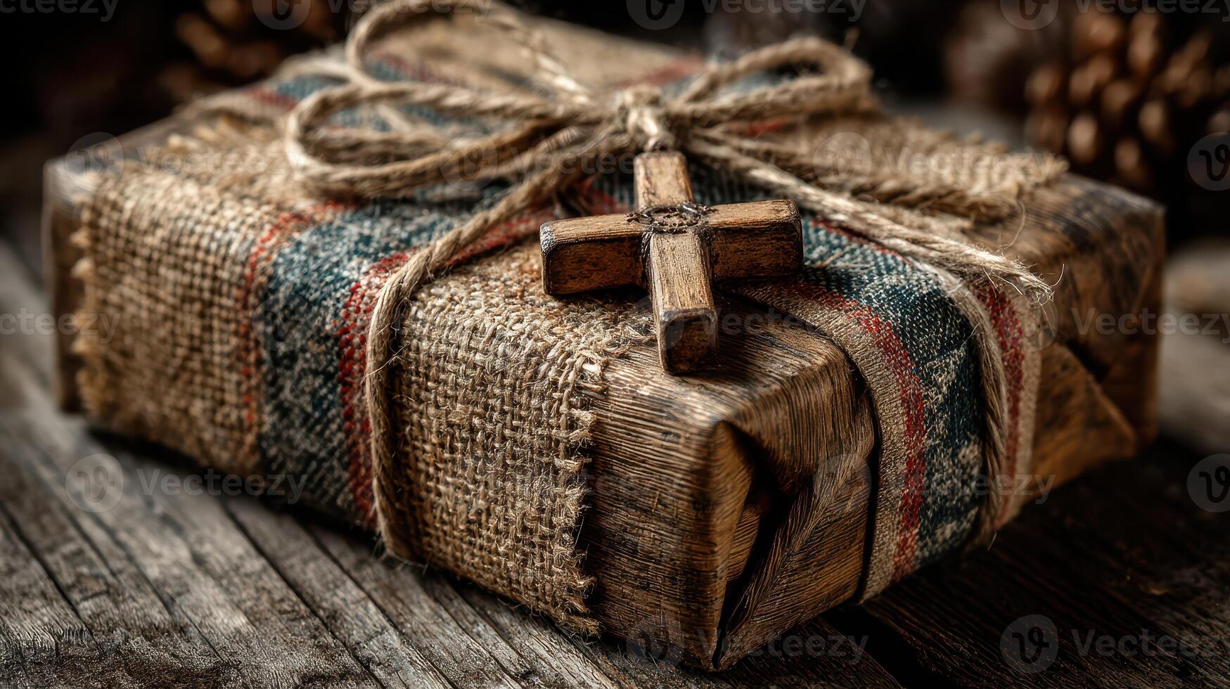 Beautifully wrapped gift with rustic charm featuring a wooden cross and textured fabric on a weathered wooden surface photo