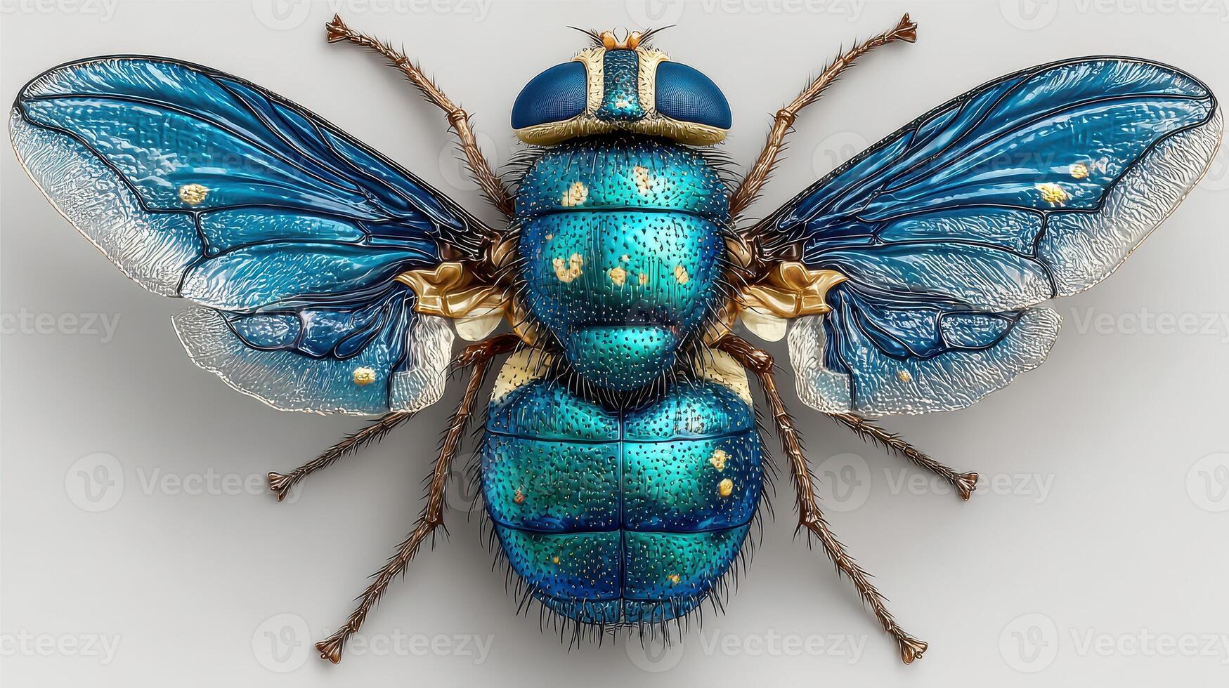 Blue insect with intricate details and gold accents, displayed against a neutral background during a bright light setting photo