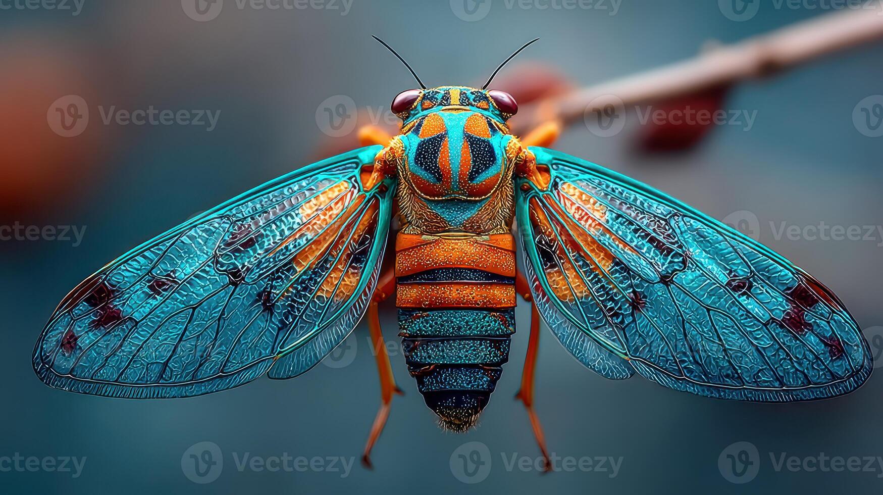 Vibrant cicada perched on a branch showcasing intricate wing patterns in a natural setting during daylight photo