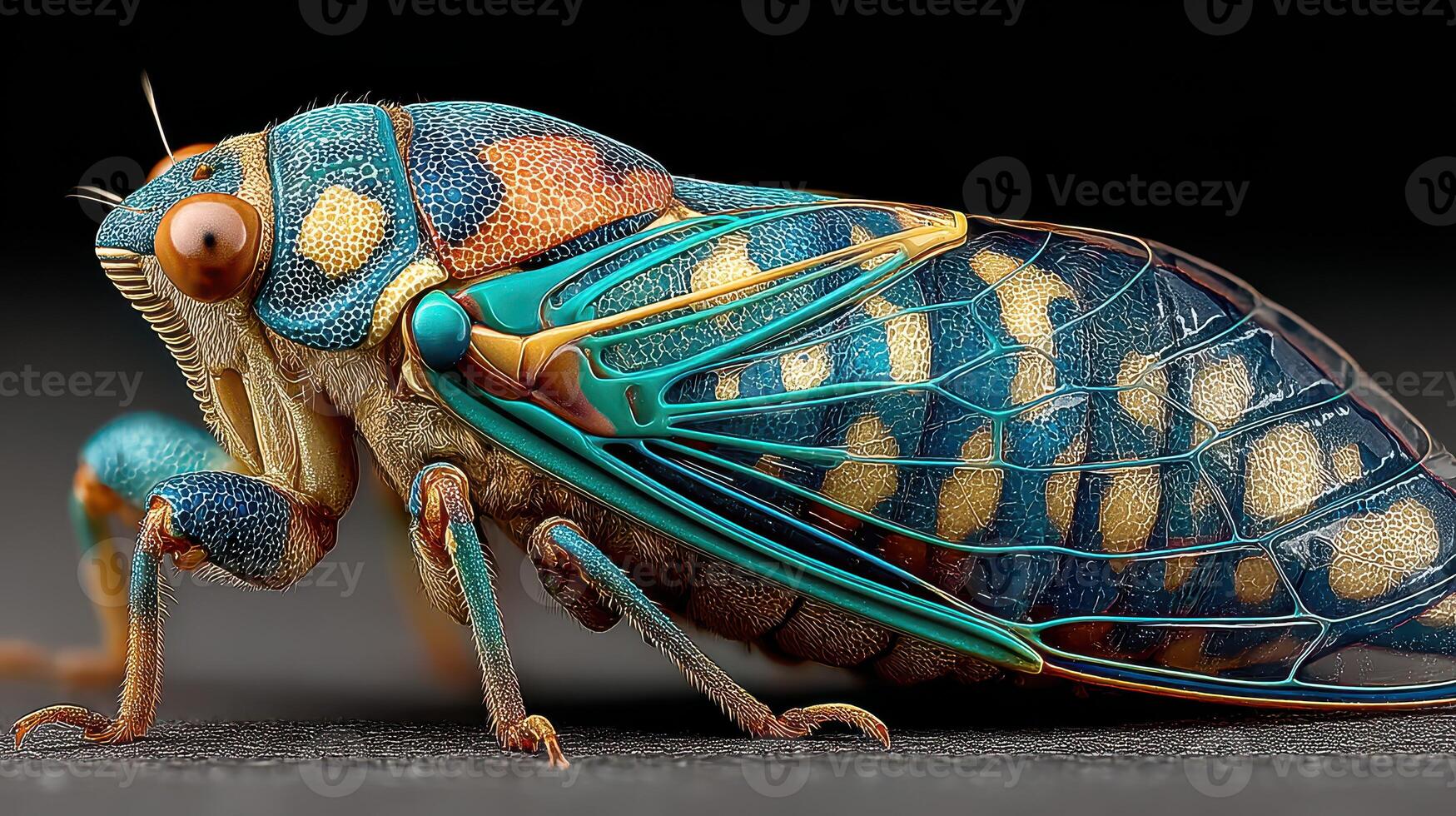 Brightly colored cicada showcasing intricate patterns and textures in close-up view against a dark background photo