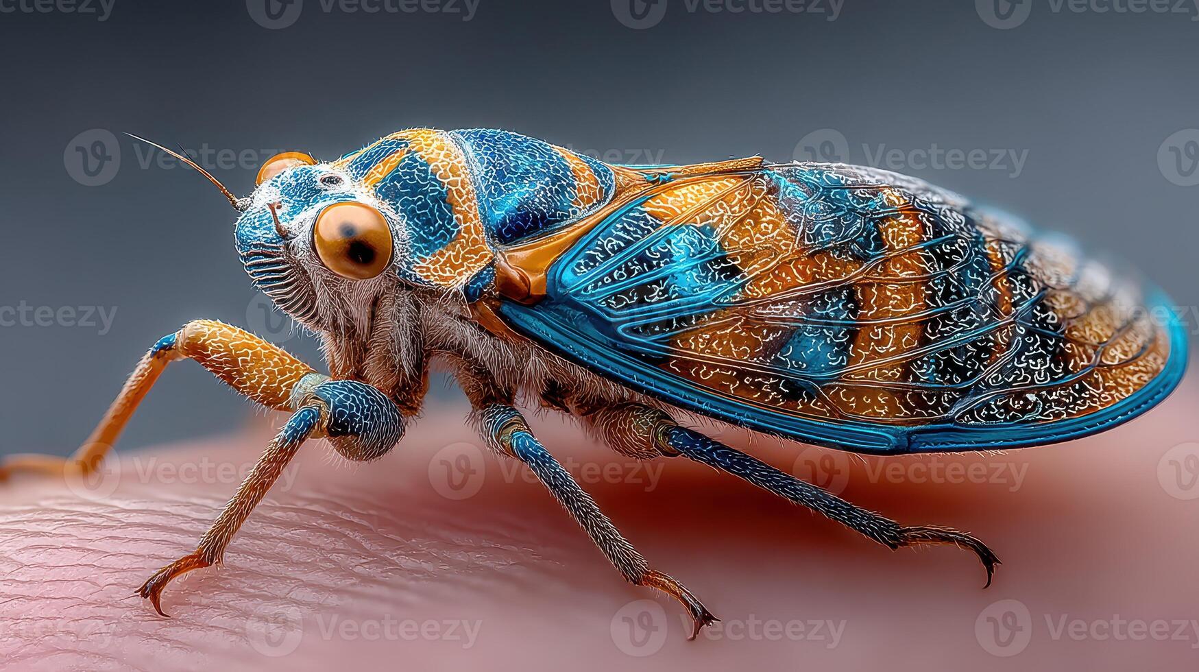 Close-up view of an intricately patterned insect resting on a fingertip showcasing vivid colors and fine details photo