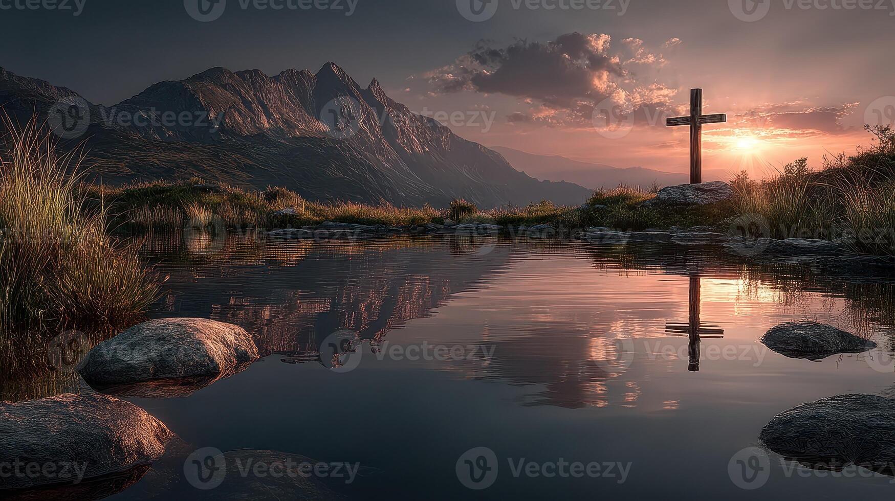 Sunset over serene mountain landscape featuring a reflective cross by the water's edge photo