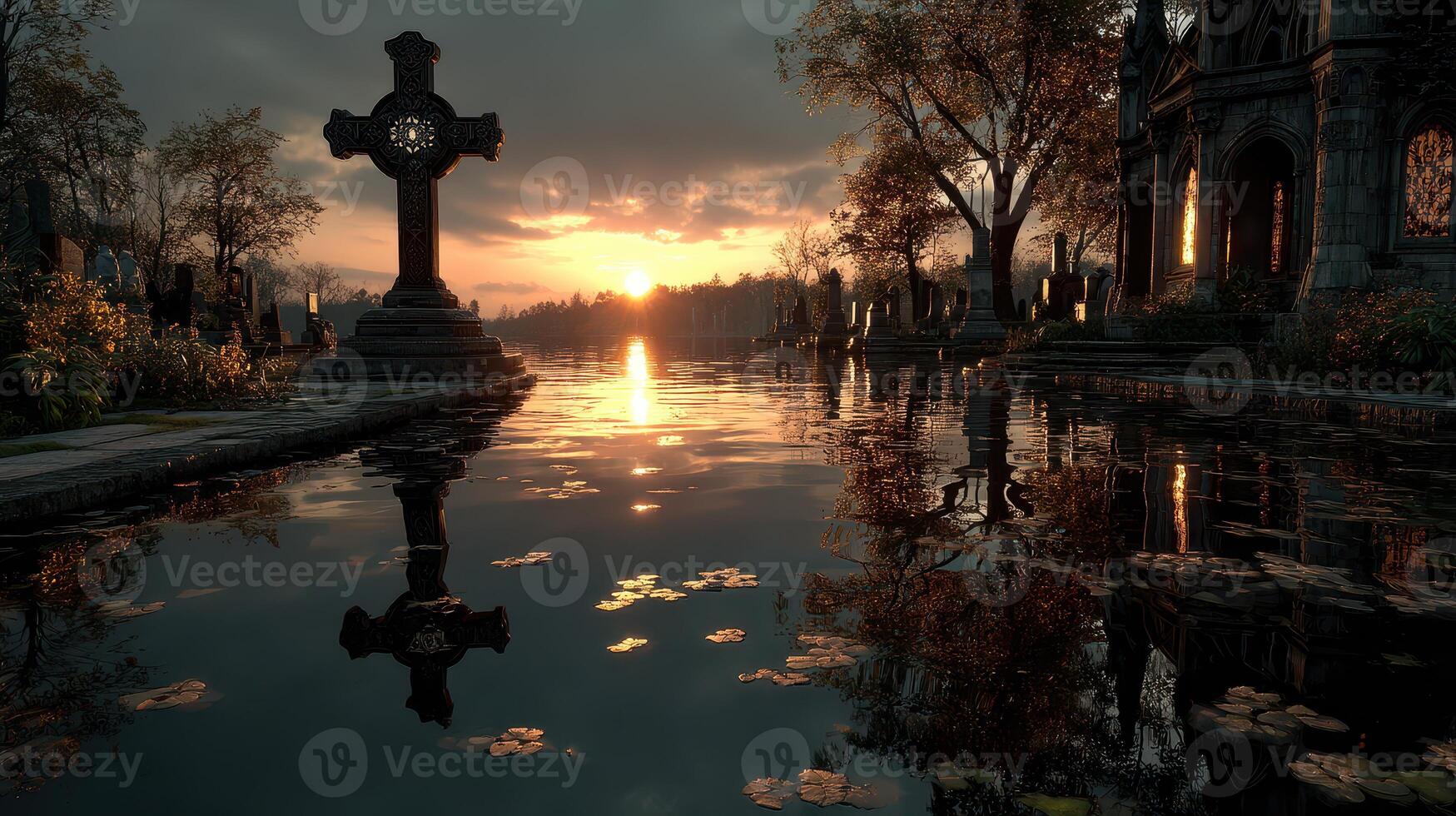 Celtic cross beside a tranquil lake at sunset showcasing a serene and reflective evening photo