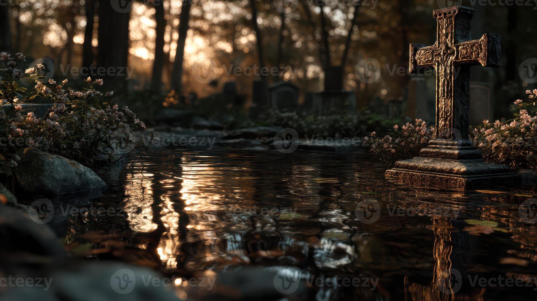 Cemetery at dusk featuring a cross surrounded by calm water and blooming flowers photo