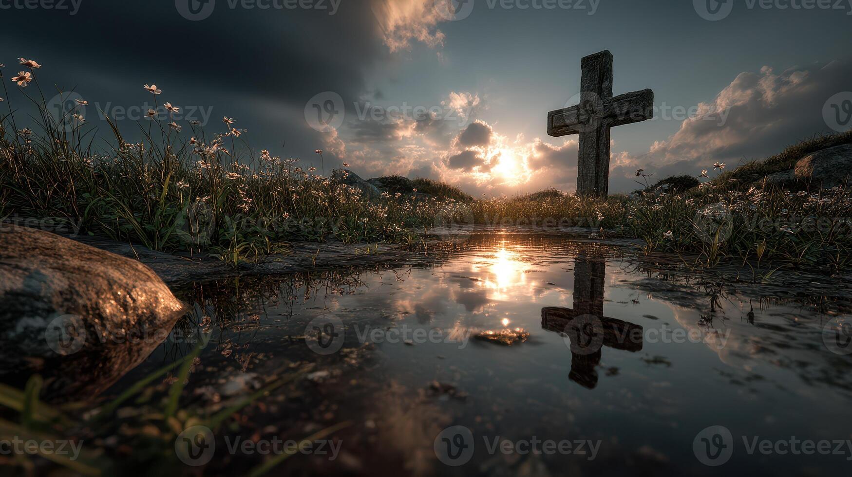 Sunset over a stone cross in a grassy field with reflections in a puddle photo