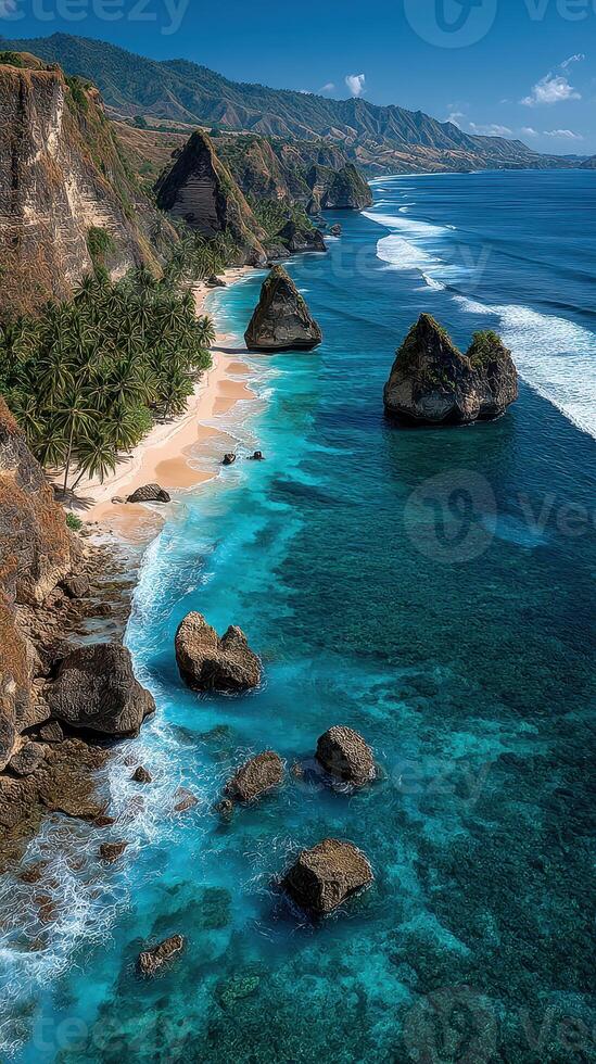 Stunning coastal view of a tropical beach with cliffs and crystal-clear waters during a sunny day in a serene location photo