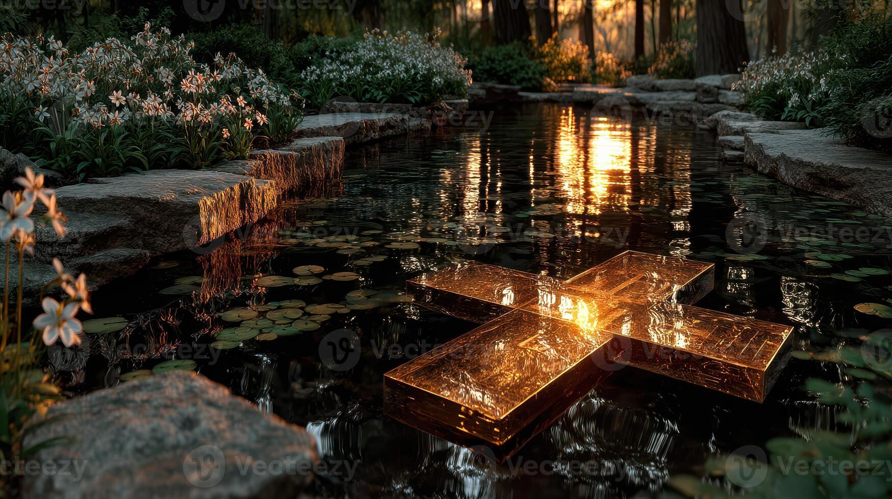 Golden cross floats on a tranquil pond surrounded by blooming flowers at sunset in a serene forest setting photo