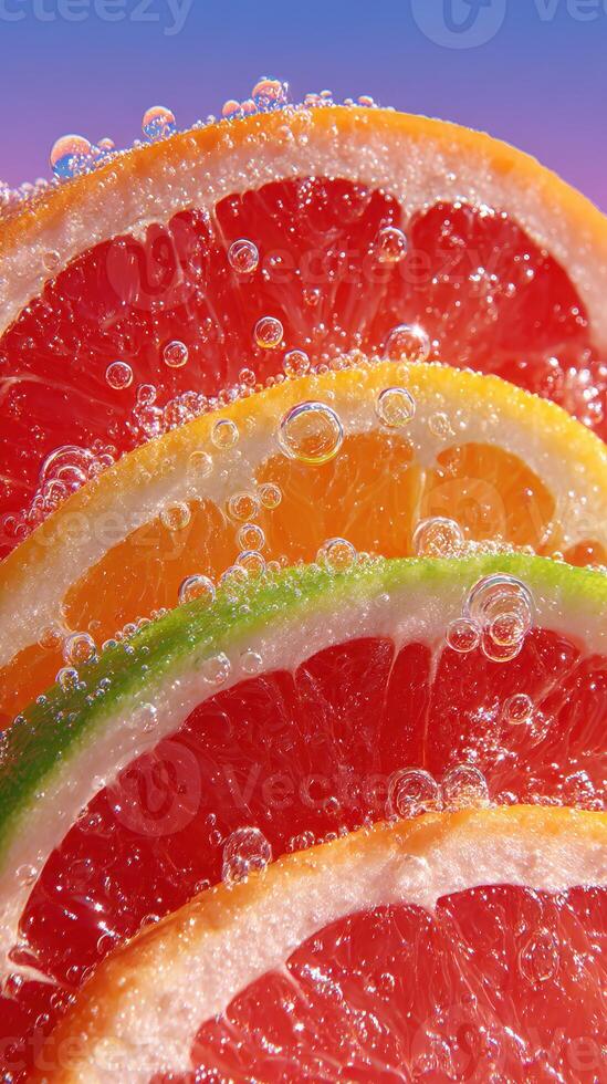 Colorful citrus slices submerged in sparkling water showcase refreshing summer vibes photo