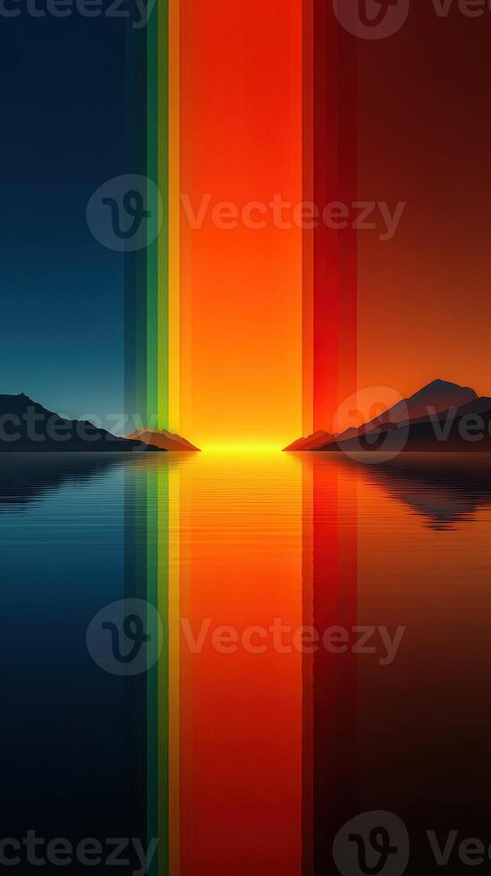 Vibrant sunset reflecting on calm waters with colorful gradients across the sky and mountains in the background photo