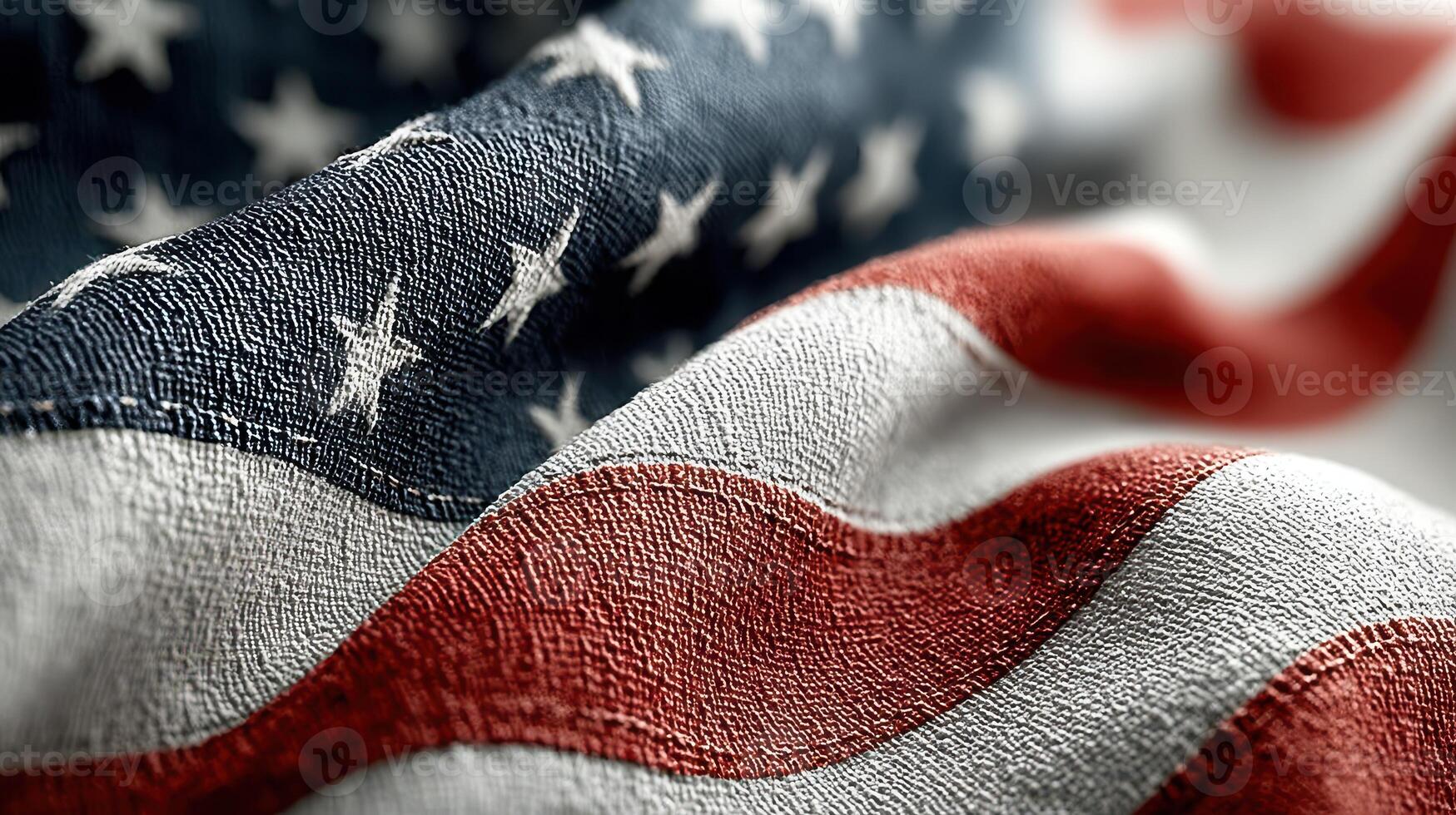 Flag of the United States waving gently, showcasing its colors and patterns in a close-up view during a sunny day photo