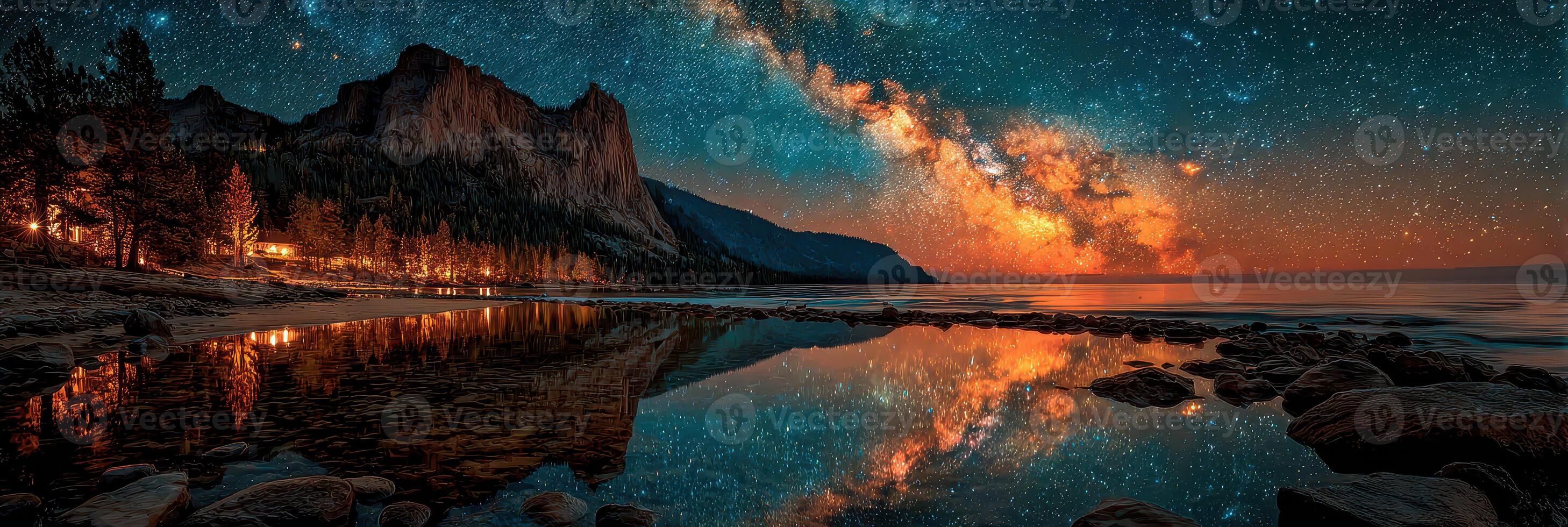 Captivating night sky over tranquil waters with mountains at lakeside under the Milky Way in Yosemite National Park photo