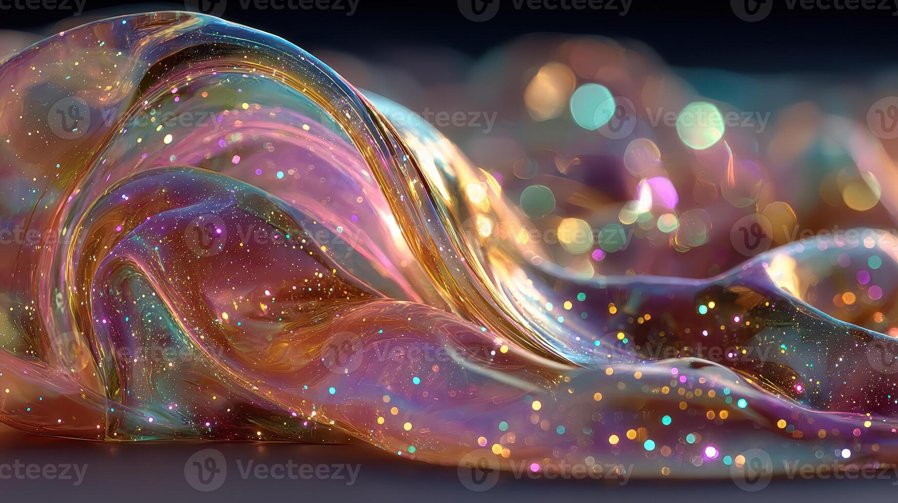 Colorful, shimmering wave of gel-like substance glistens under soft light in a dark setting, showcasing intricate patterns and reflections photo
