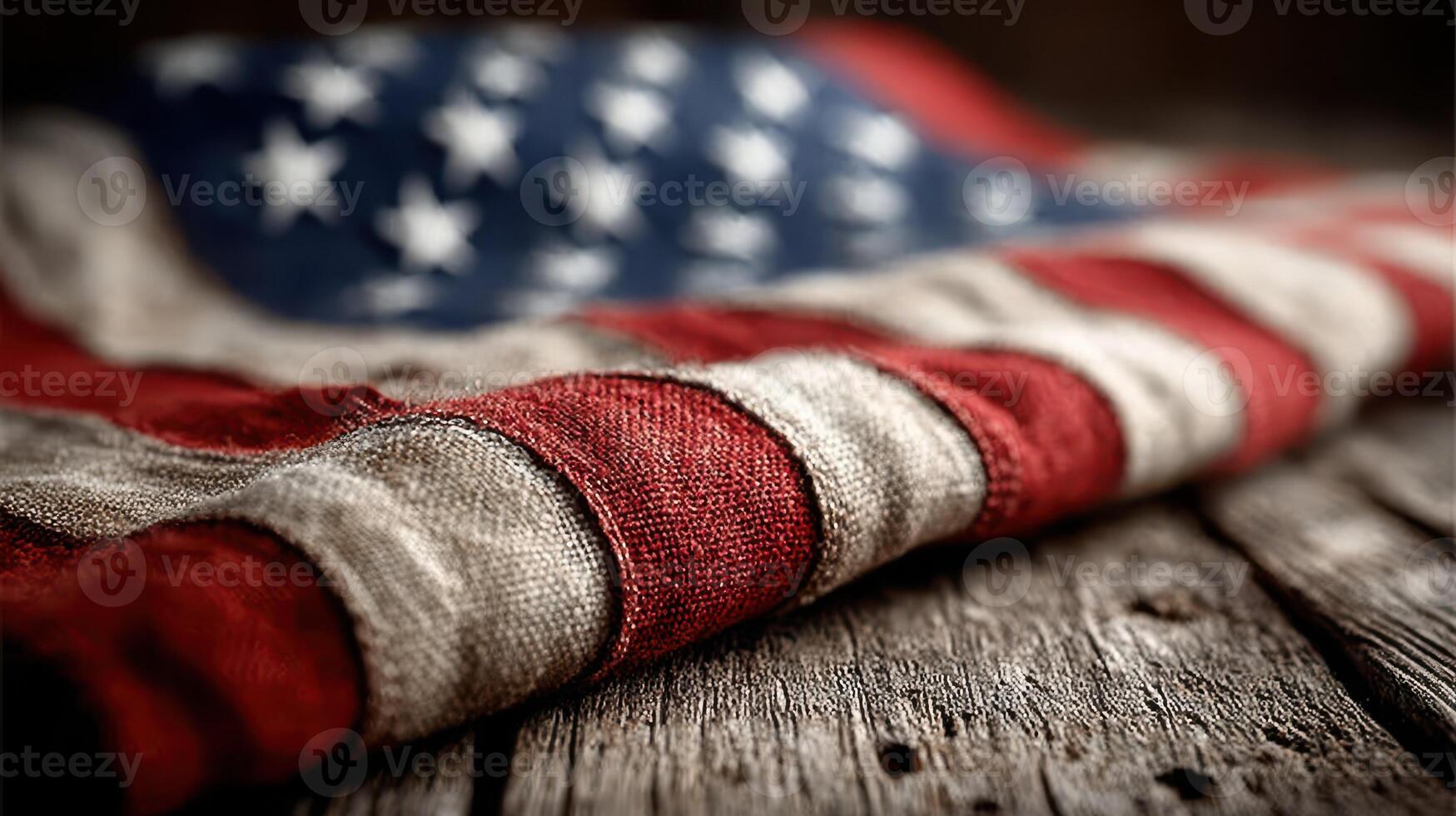 American flag draped on rustic wooden surface highlighting its colors and texture in a cozy, nostalgic atmosphere photo