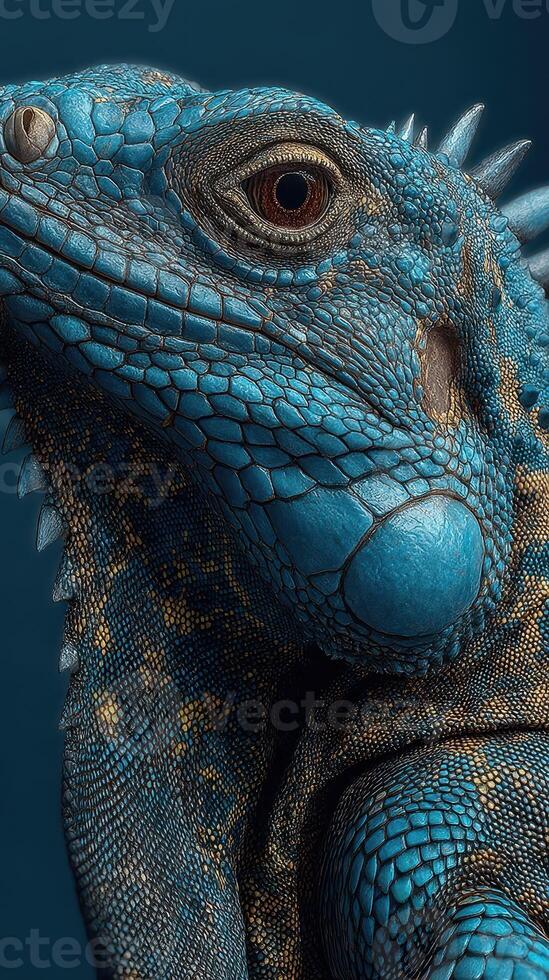 Vibrant blue lizard displays intricate skin patterns in close-up capture at nature conservation center exhibit photo