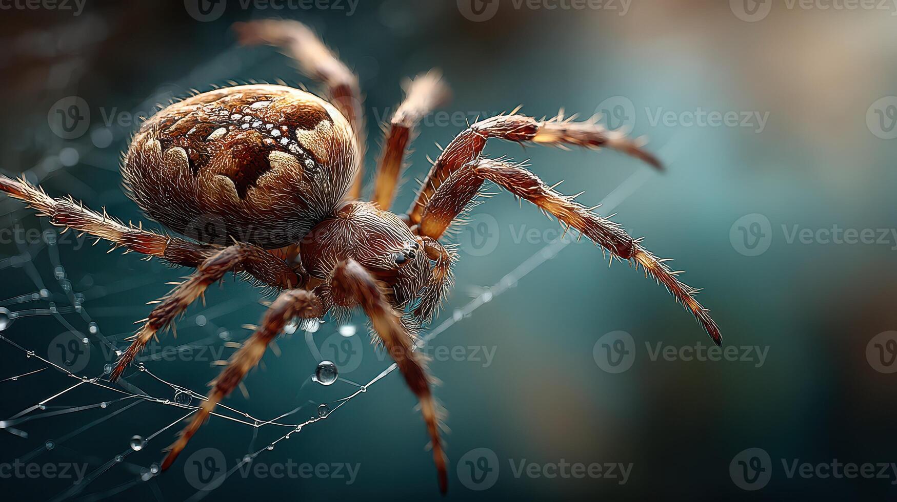 Brown spider weaving delicate web in soft light with glistening droplets at twilight photo