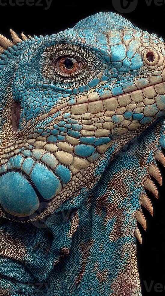 Close-up view of a vibrant blue lizard showcasing intricate textures and details in a natural setting photo
