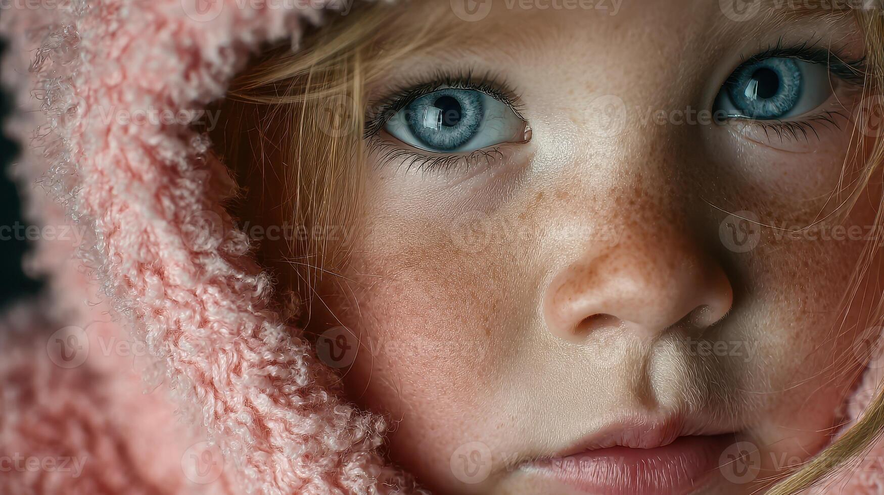 Close-up of a young child with striking blue eyes wearing a pink cozy hood in soft lighting photo