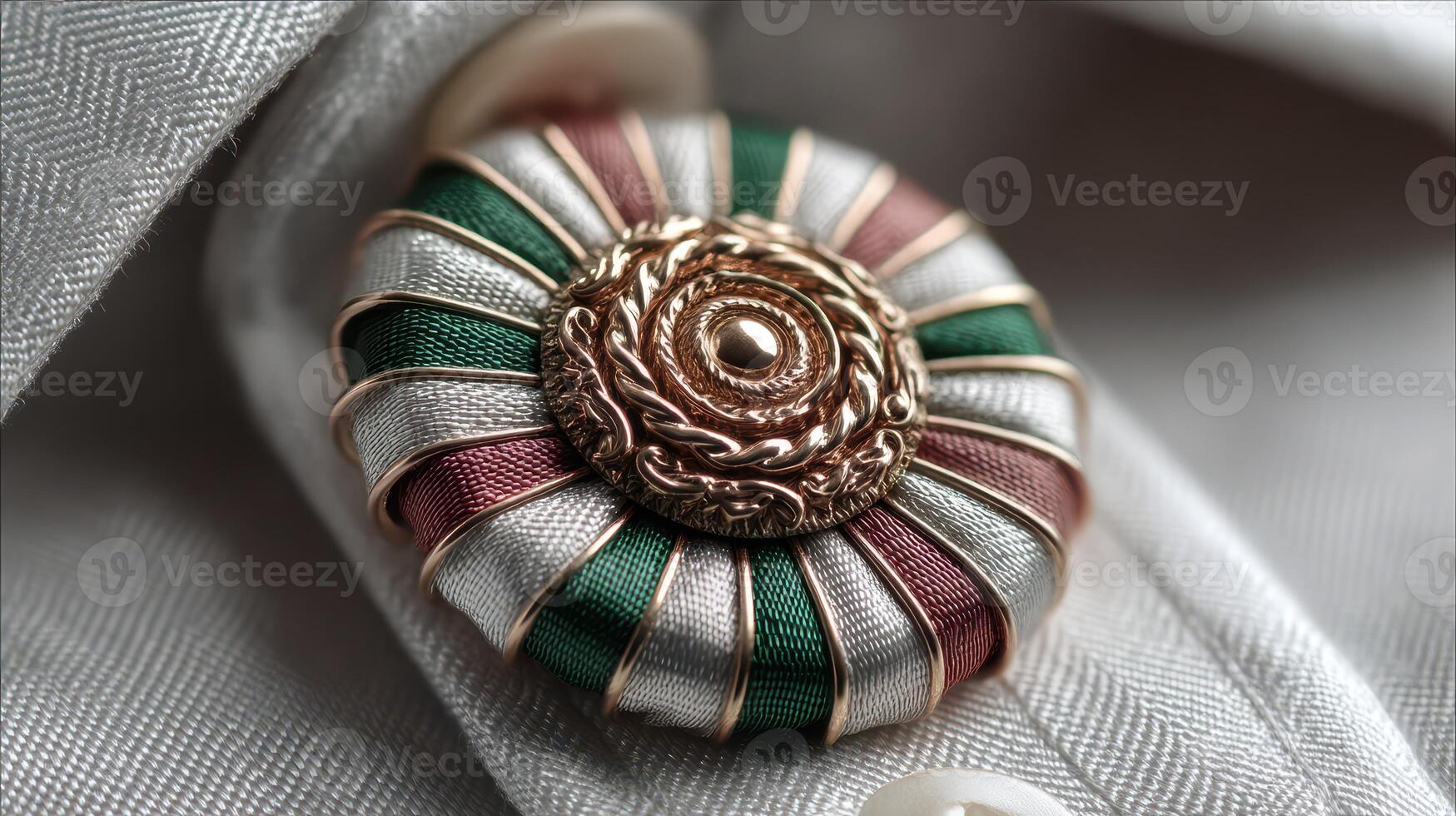 Elegant brooch with intricate design displayed on a formal shirt collar, showcasing craftsmanship and attention to detail photo