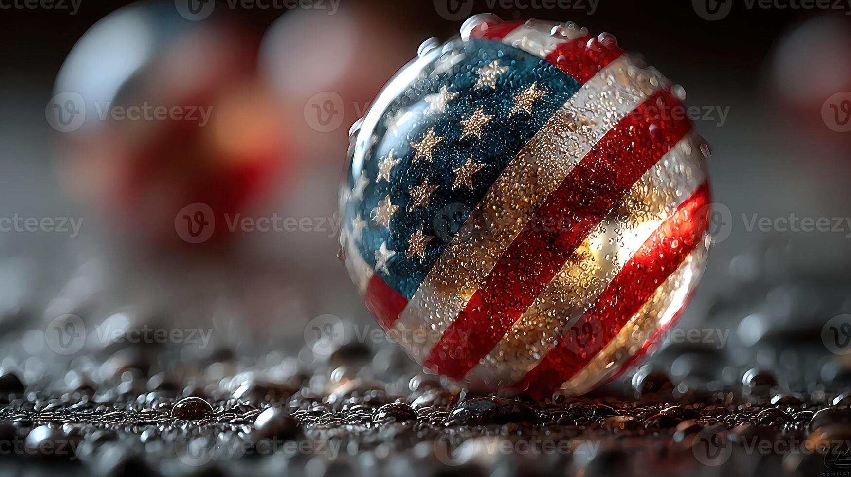 Colorful marble with American flag design resting on textured surface with droplets reflecting light photo