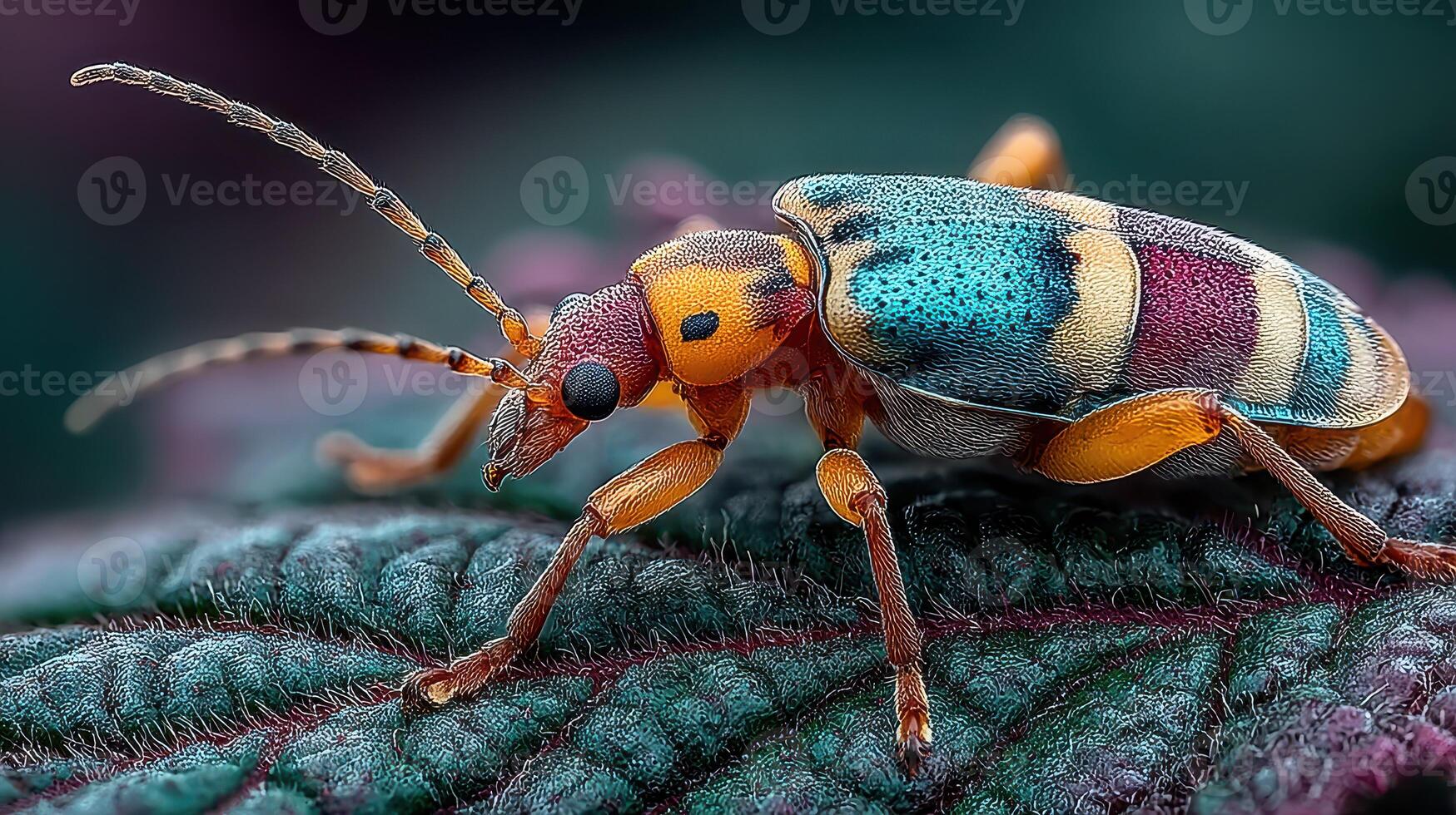 Colorful beetle with intricate patterns rests on a green leaf in a vibrant setting during daylight photo