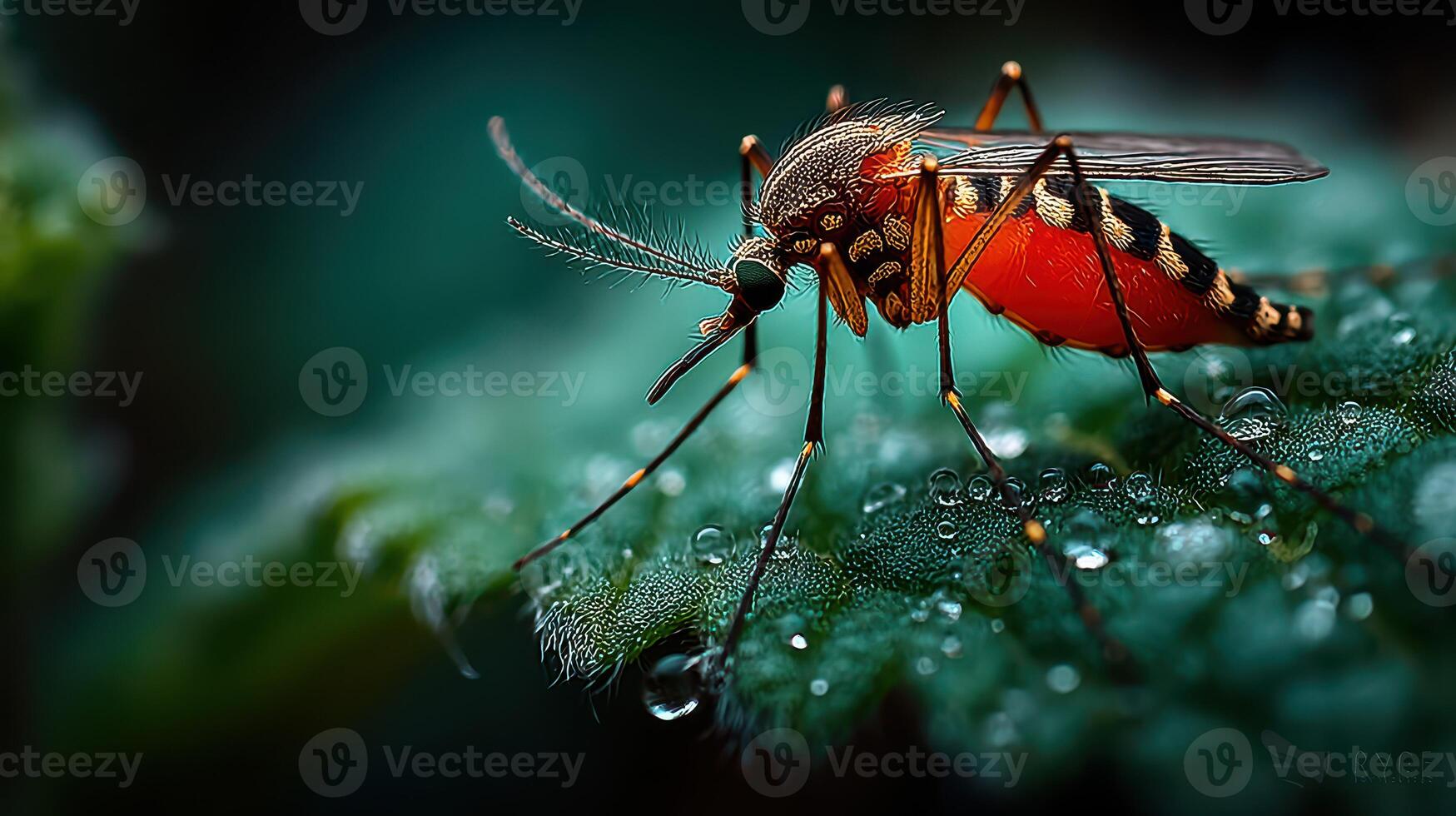 Close-up view of a mosquito resting on a leaf with droplets of water in a lush environment photo