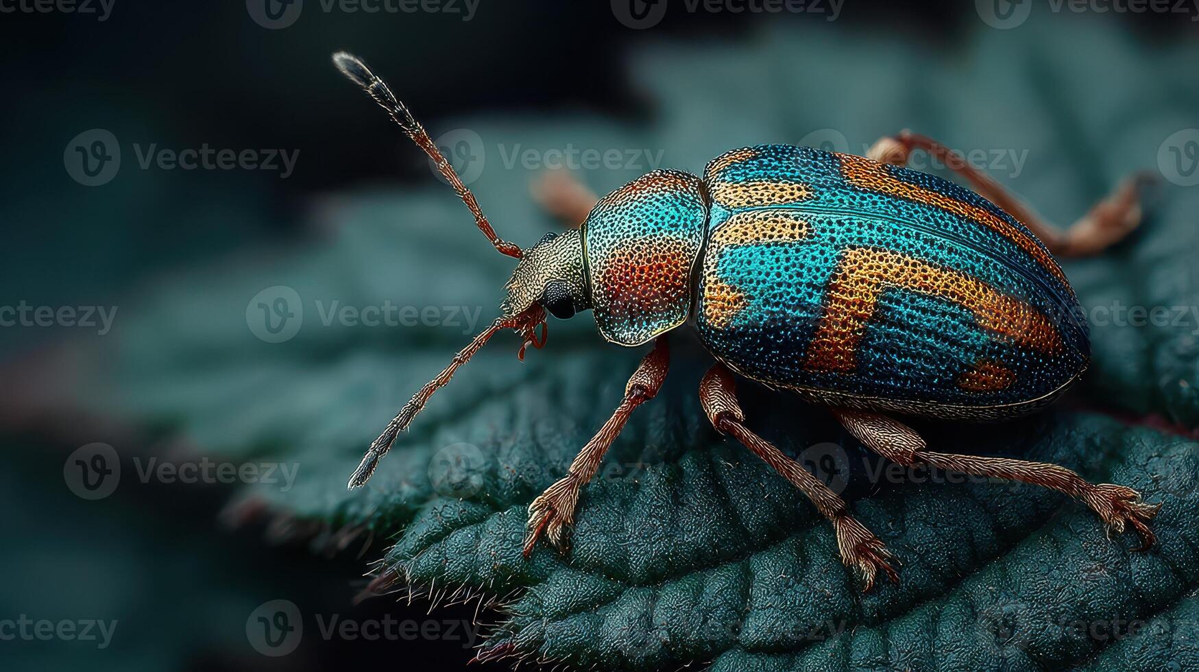 Colorful beetle resting on a green leaf in a natural setting during daylight hours photo