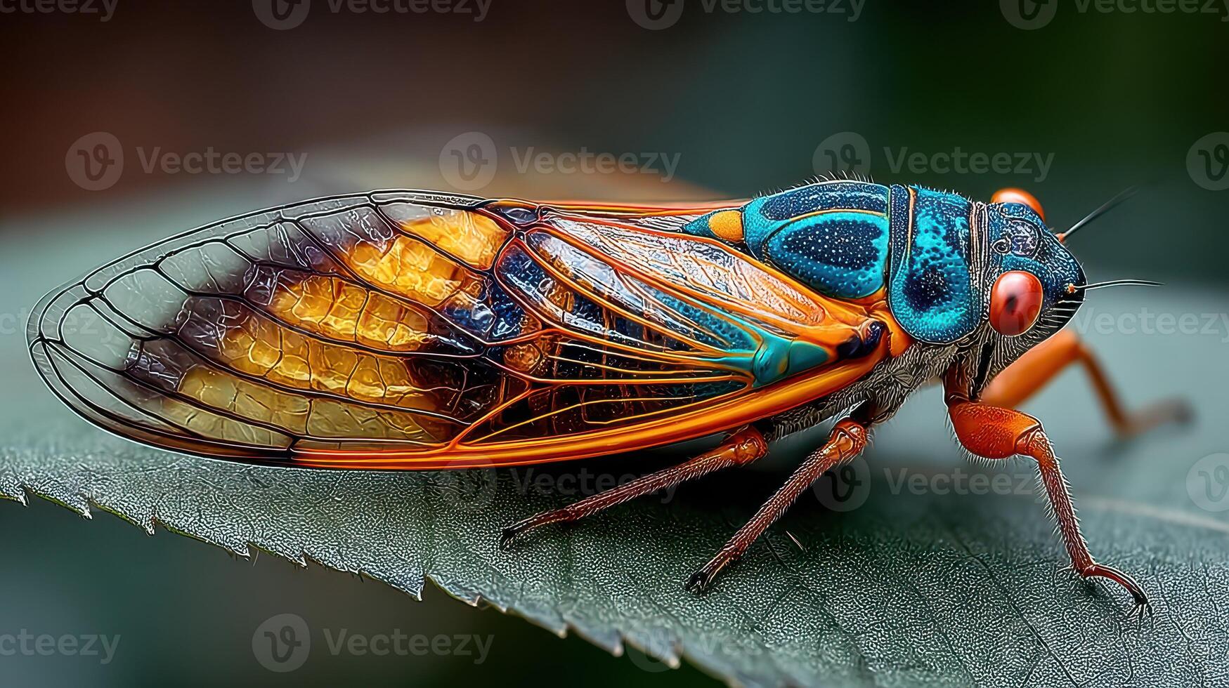 Vibrant cicada perched on a green leaf during midday in a lush forest environment photo